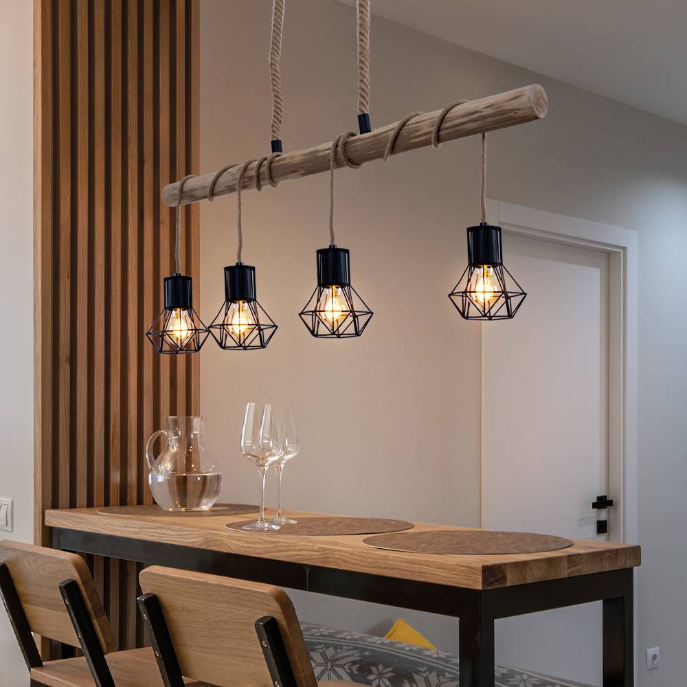 Hängeleuchte Holzbalken Esszimmerleuchte Höhenverstellbar Hängelampe Holz Gitterschirmen, Metall, 4x LED 7W 806Lm warmweiß, LxBxH 100x13,3x120 cm