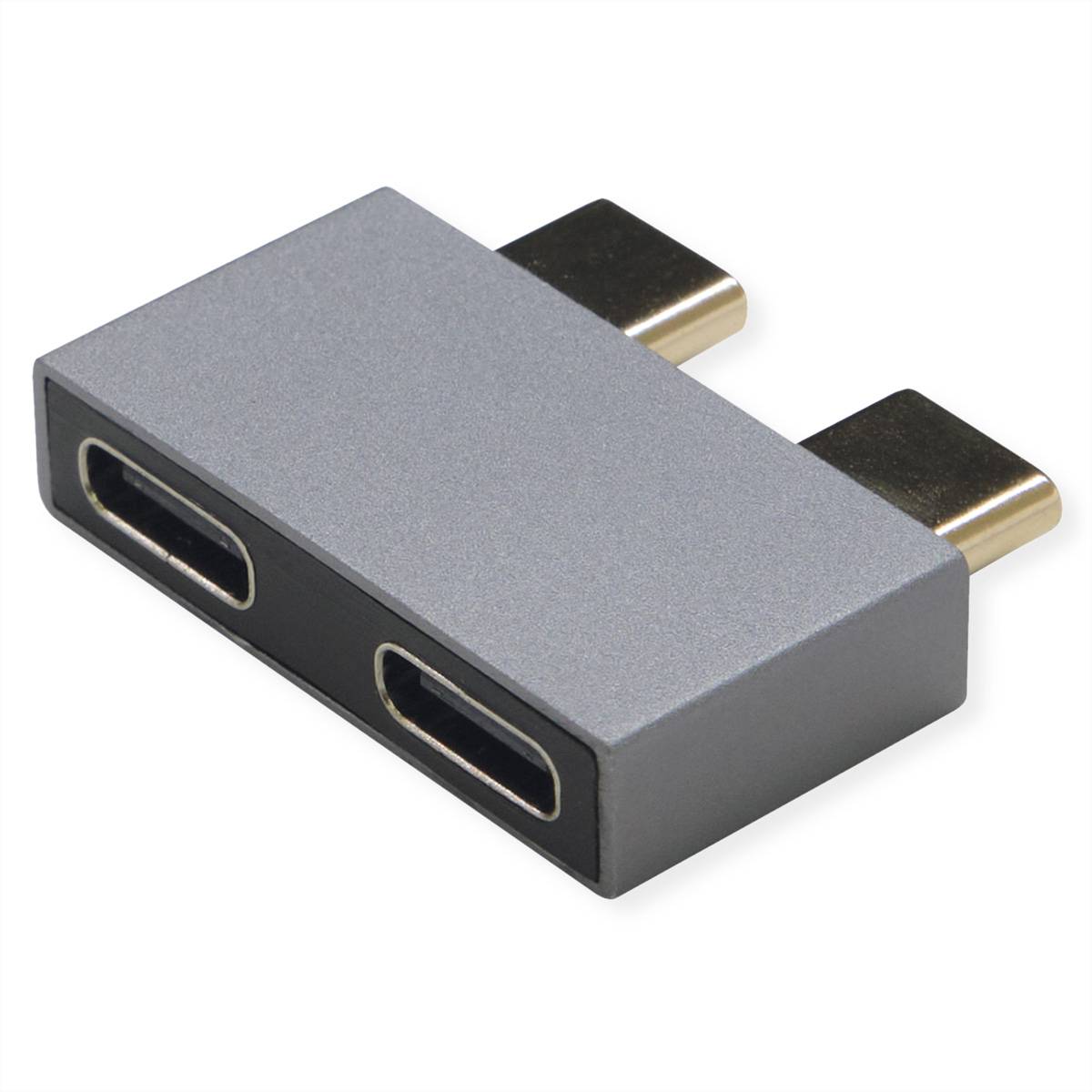 USB-C-Adapter mit zwei weiblichen USB-C-Anschlüssen und zwei männlichen USB-C-Steckern auf einem grauen rechteckigen Gehäuse.