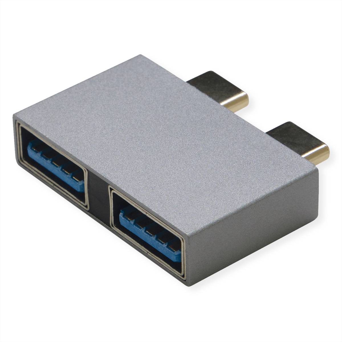 USB-C-Adapter mit zwei blauen USB-A-Anschlüssen auf einer Seite und zwei männlichen USB-C-Steckern auf der anderen Seite.