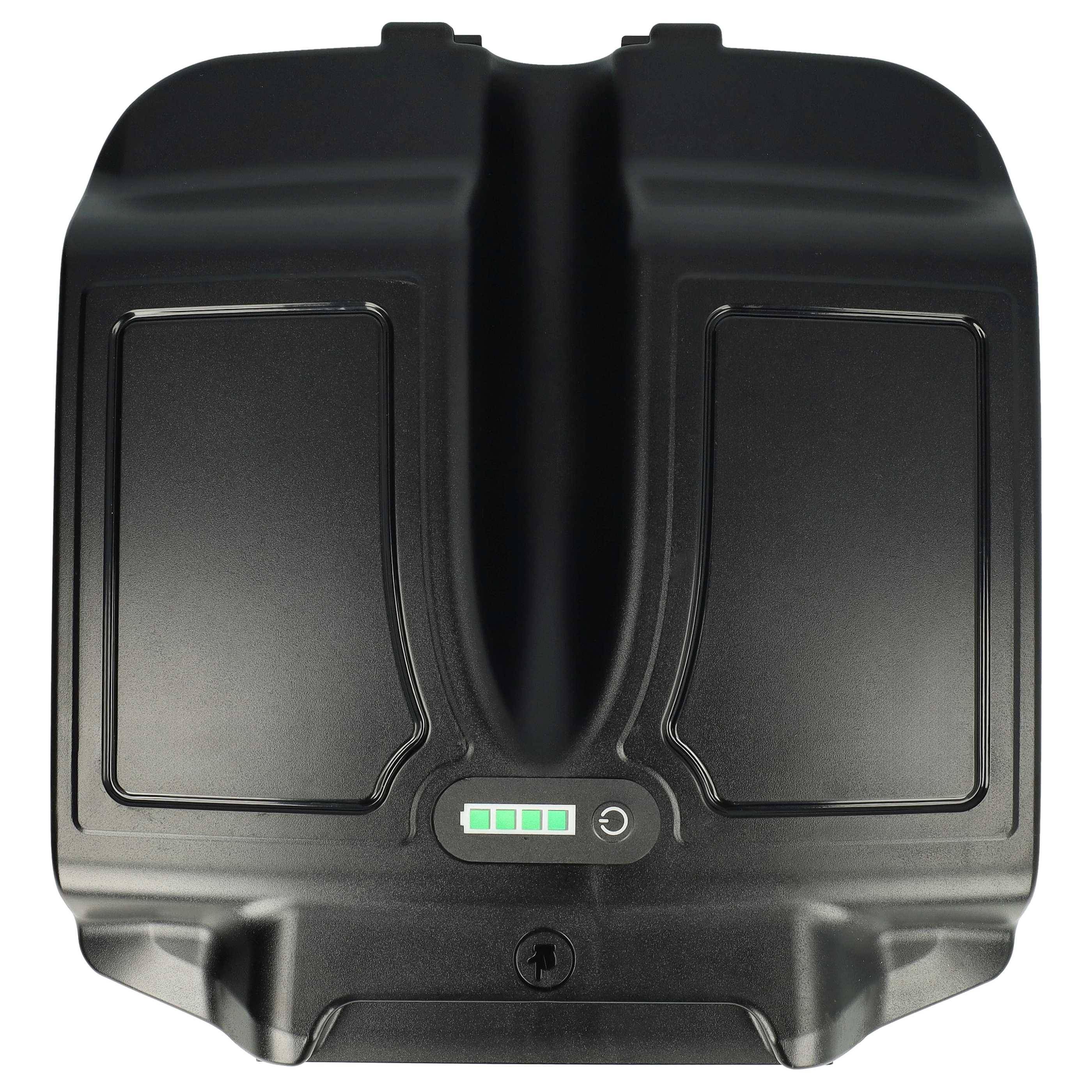 Ein schwarzer Akku mit einer zentralen Nut und vier grünen Ladeanzeigen, die eine vollständige Ladung signalisieren.