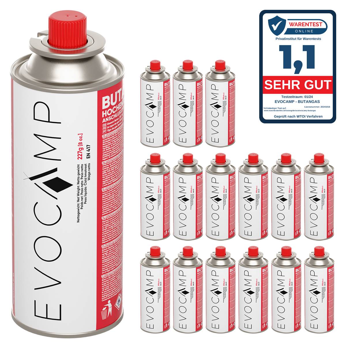 EVOCAMP 16x Butan Gaskartuschen 227g Typ MSF-1a für Campingkocher, Gasheizung
