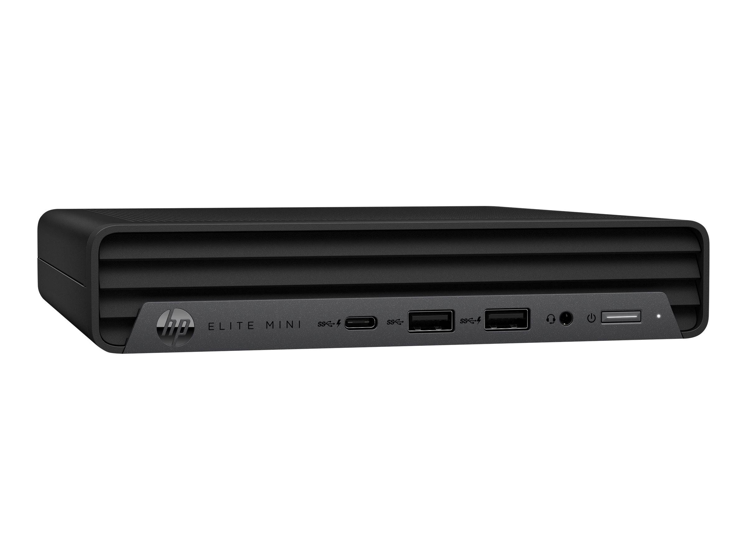 Frontansicht eines HP Elite Mini Desktop-PCs mit schwarzem geripptem Gehäuse und vorderen Anschlüssen, auf weißem Hintergrund gezeigt.