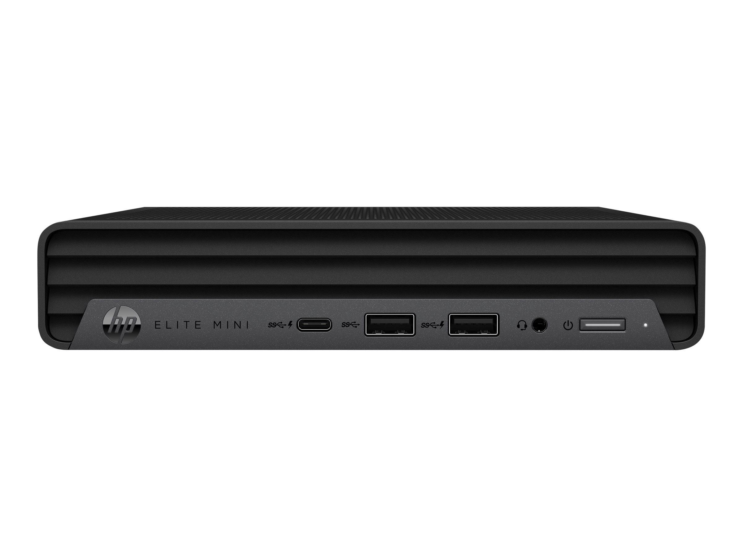 Vorderansicht eines HP Elite Mini Desktop-Computers mit sichtbaren USB-Anschlüssen, Audiobuchse, Netzschalter und Statusleuchte auf weißem Hintergrund