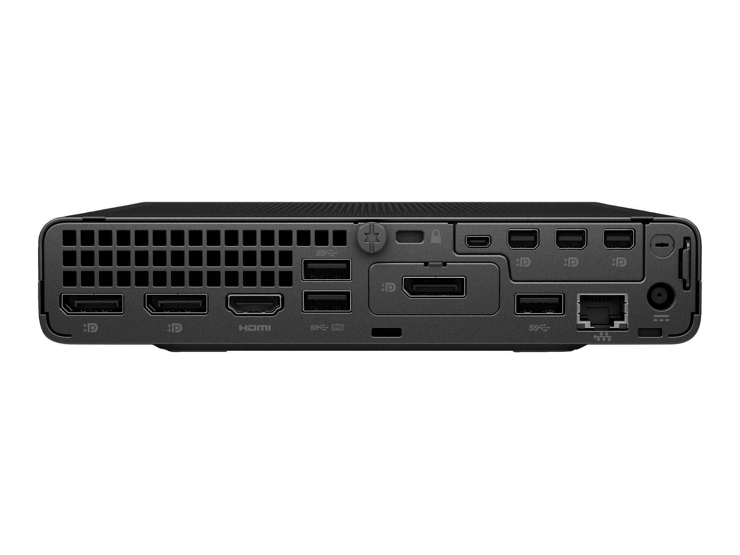 Rückseite eines kompakten Desktop-Computers mit mehreren Displayanschlüssen, USB-Anschlüssen, Ethernet, Audiobuchse und Stromversorgungsanschluss.
