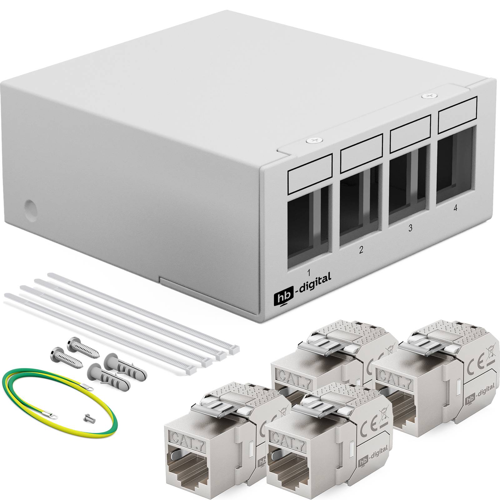 hb-digital Patch Panel 4 Port mit 4 x Keystone Module Cat 7 hellgrau