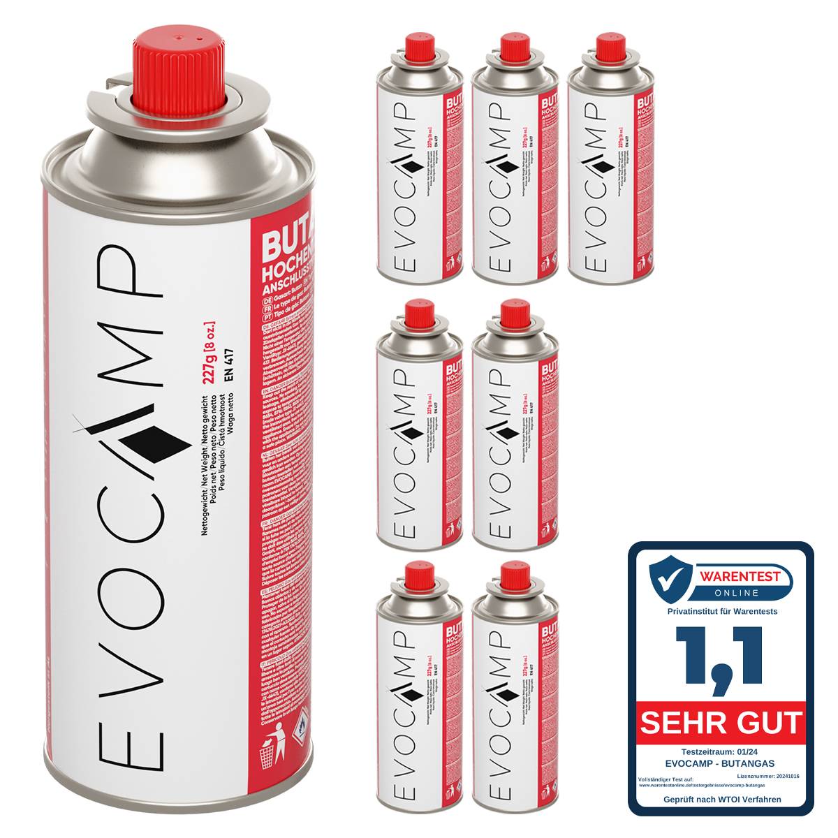 EVOCAMP 8x Butan Gaskartuschen 227g Typ MSF-1a für Campingkocher, Gasheizung