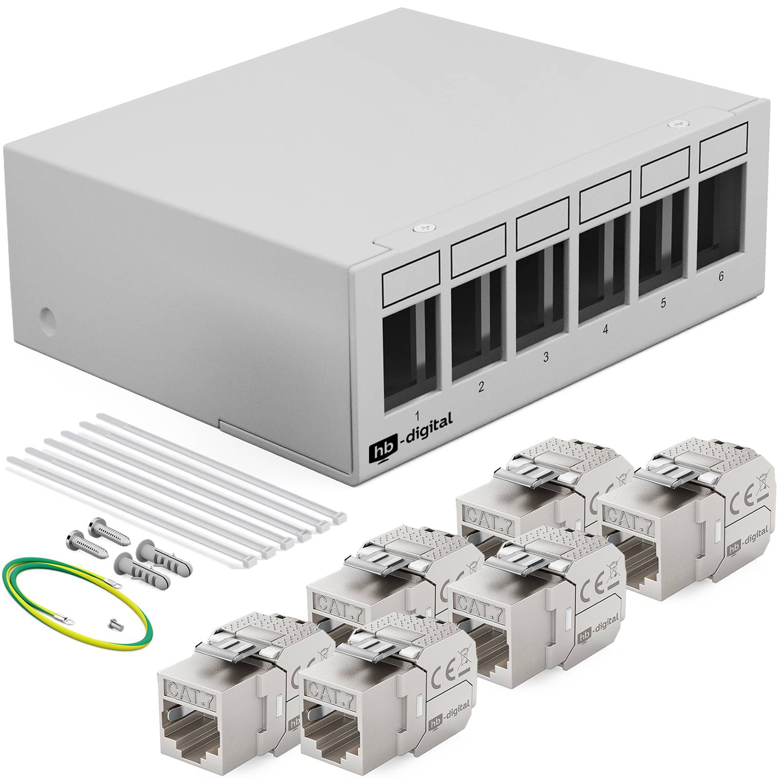 hb-digital Patchpanel 6 Port mit 6 x Keystone Module Cat 7 hellgrau