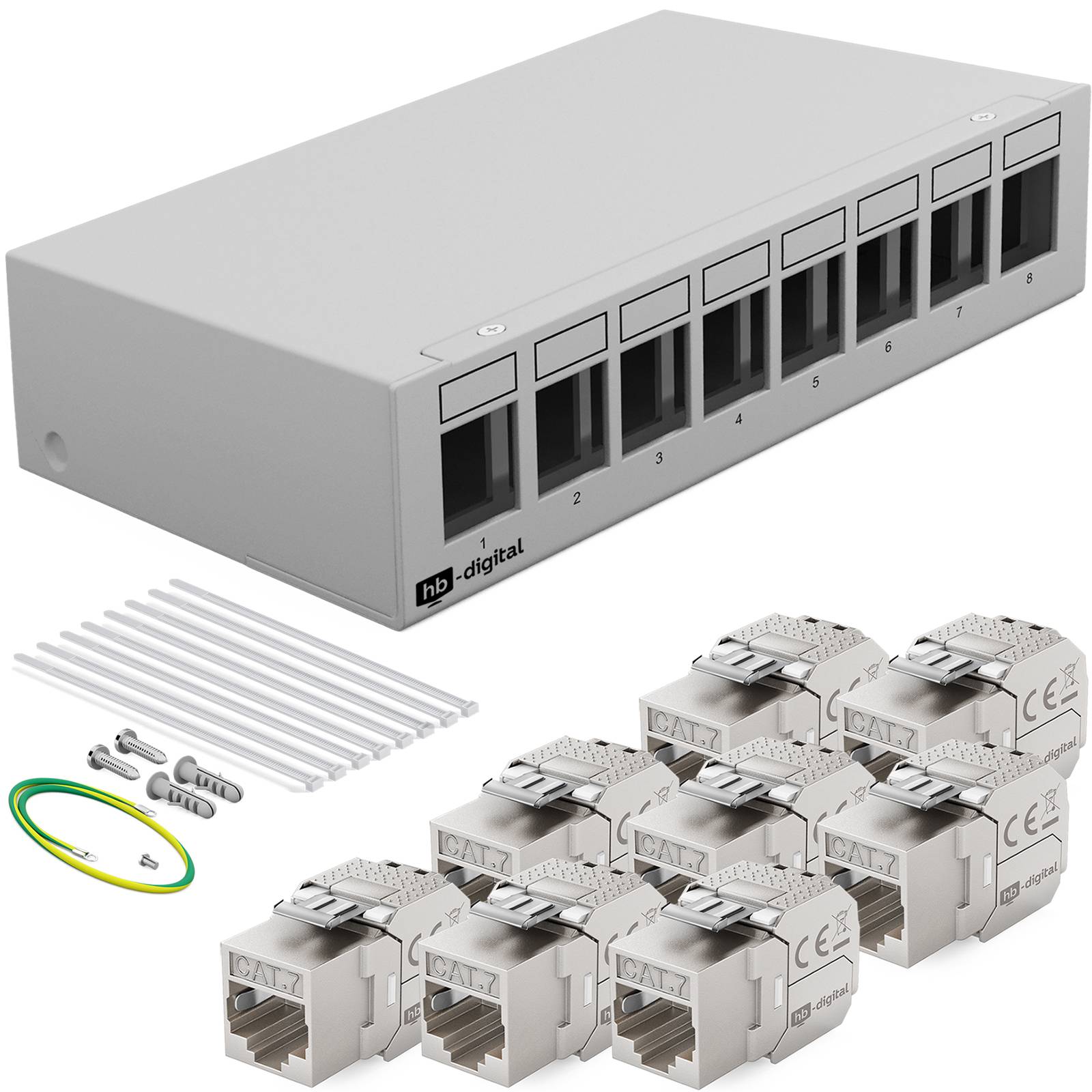 hb-digital Patch Box 8 Port mit 8 x Keystone Module Cat 7 hellgrau