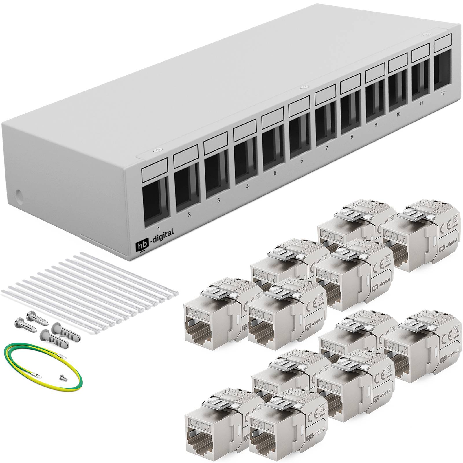 hb-digital Patch Panel 12 Port mit 12 x Keystone Module Cat 7 hellgrau