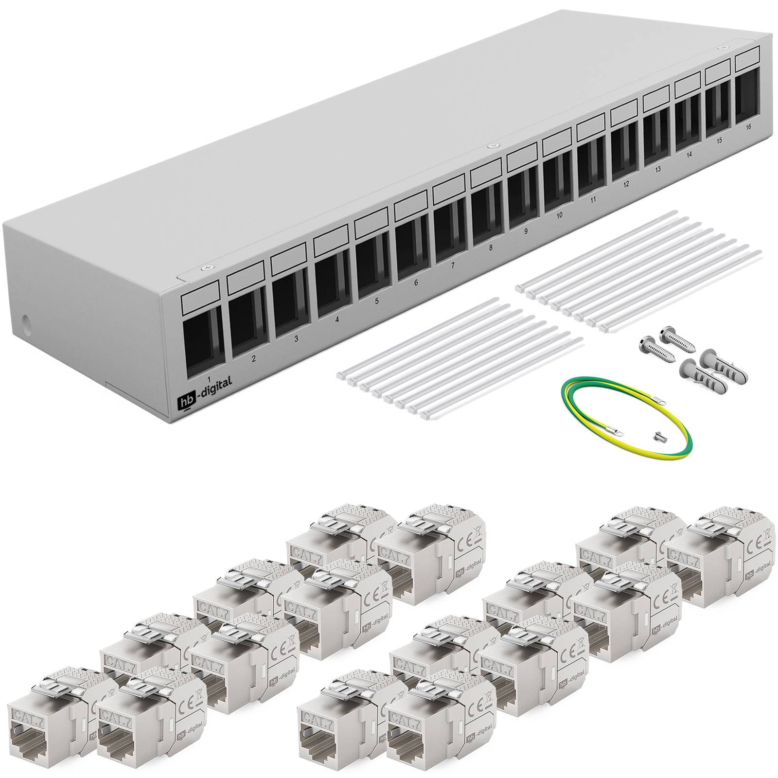 hb-digital Patchpanel 16 Port mit 16 x Keystone Module Cat 7 hellgrau