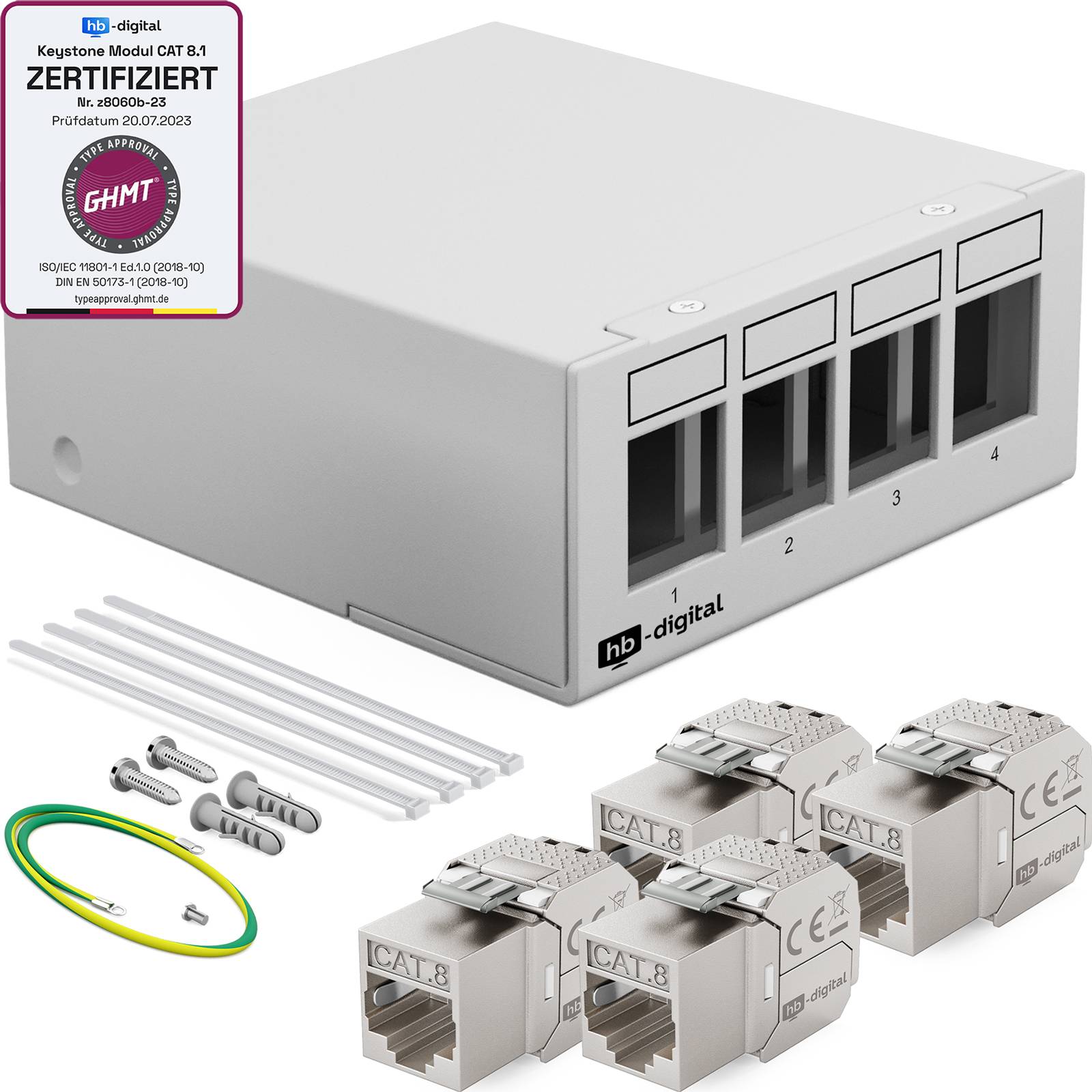 hb-digital Patch Panel 4 Port mit 4 x Keystone Module Cat 8 hellgrau