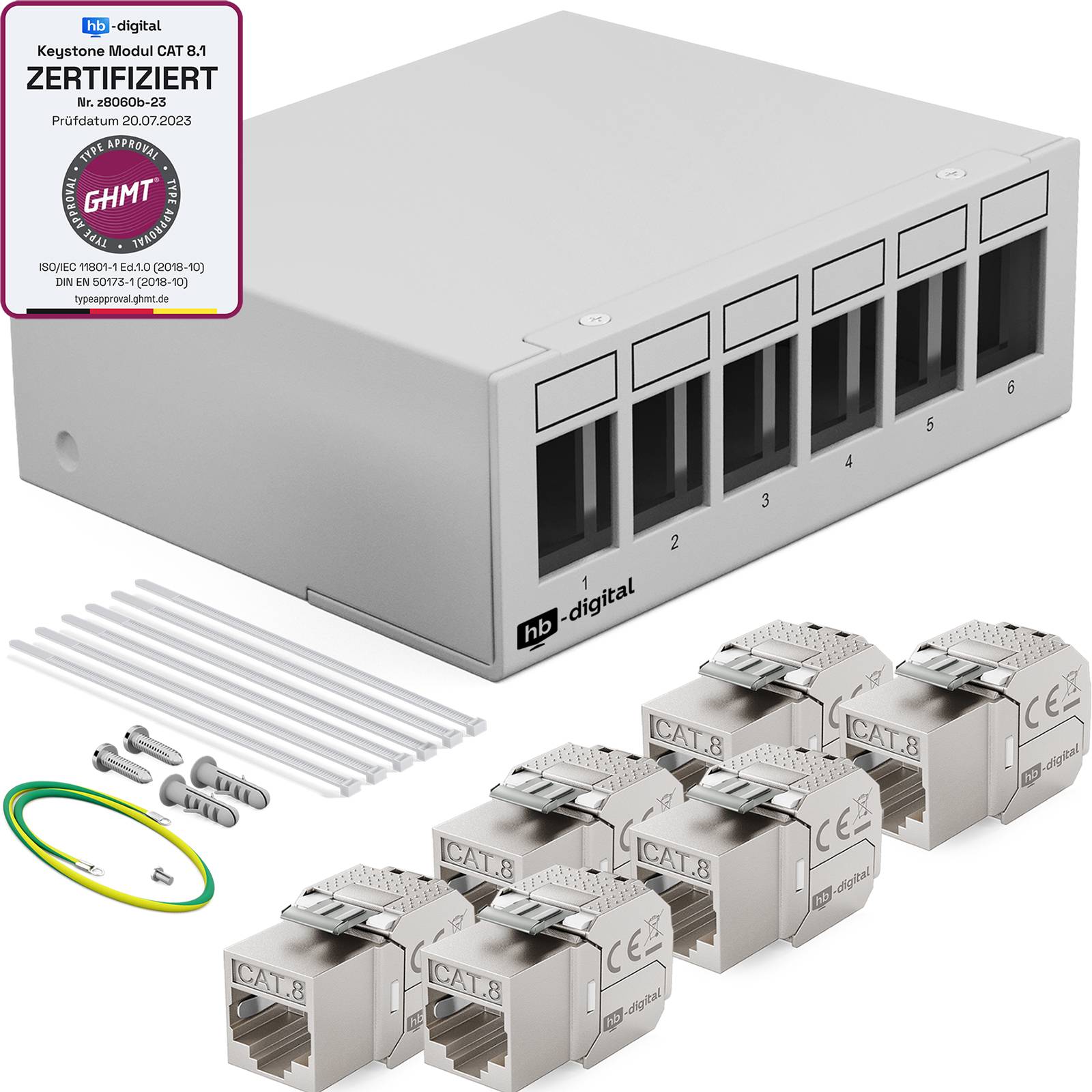 hb-digital Patchpanel 6 Port mit 6 x Keystone Module Cat 8 hellgrau