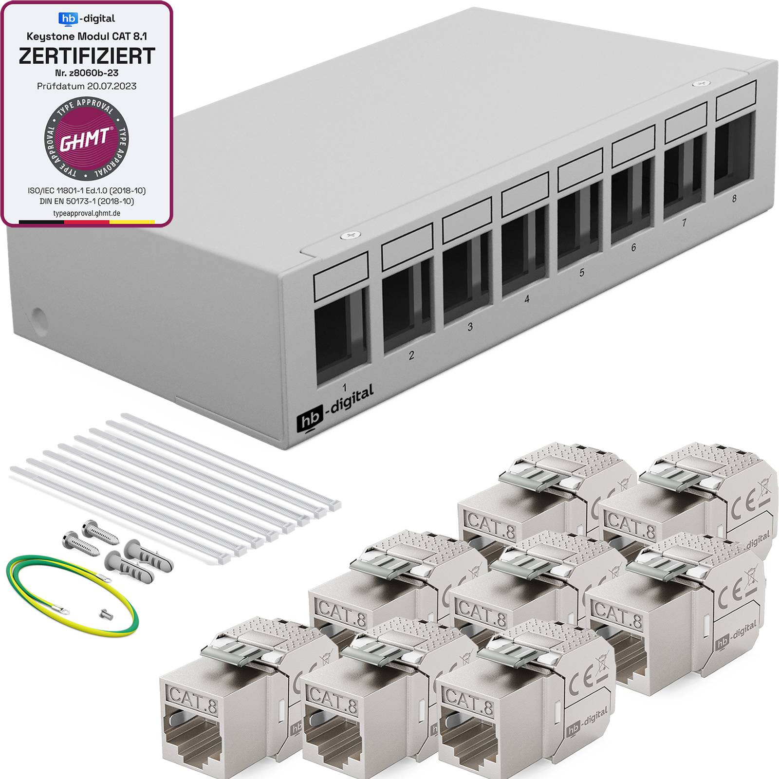 hb-digital Patchbox Netzwerk 8 Port mit 8 x Keystone Module Cat 8 hellgrau