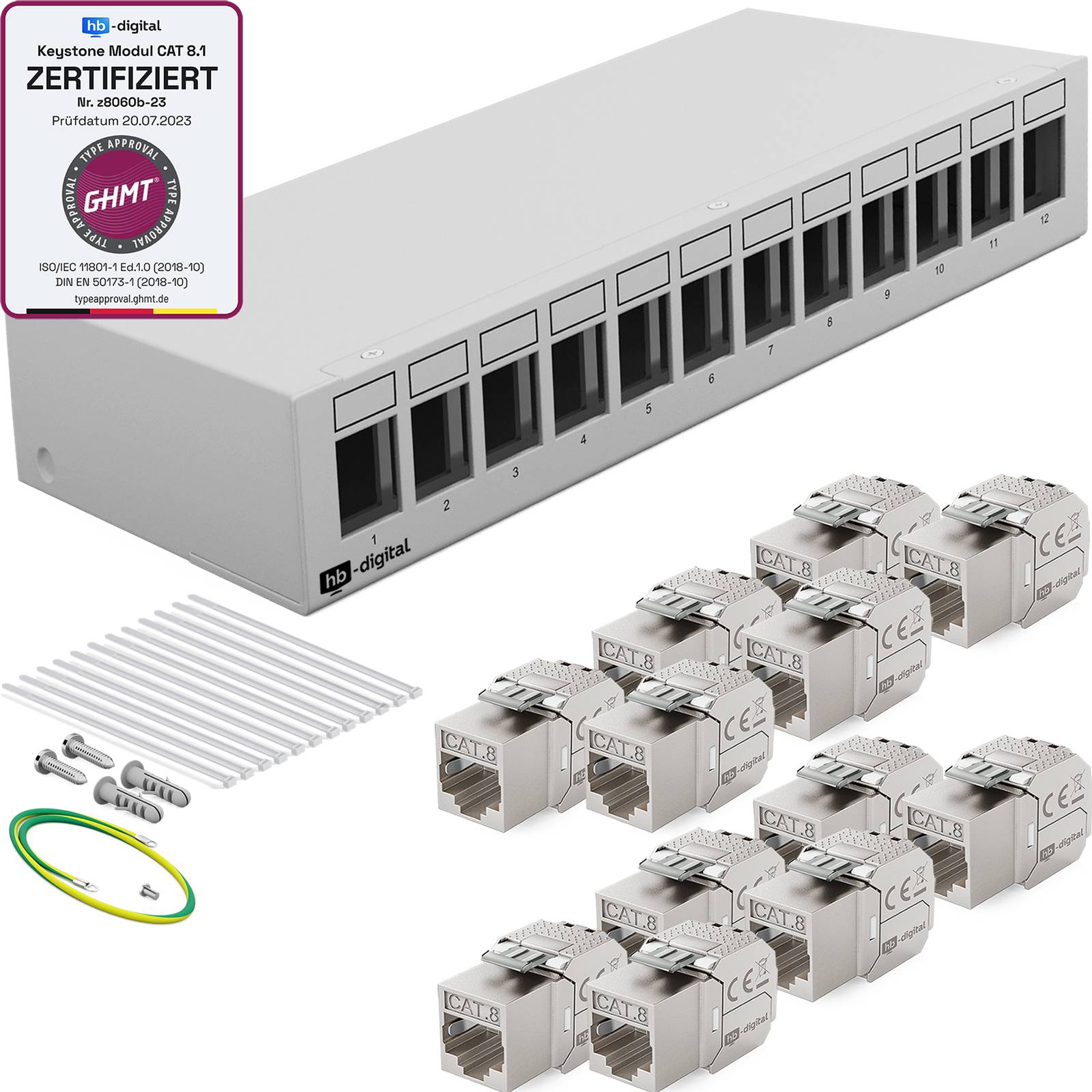hb-digital Patchpanel 12 Port mit 12 x Keystone Module Cat 8 hellgrau