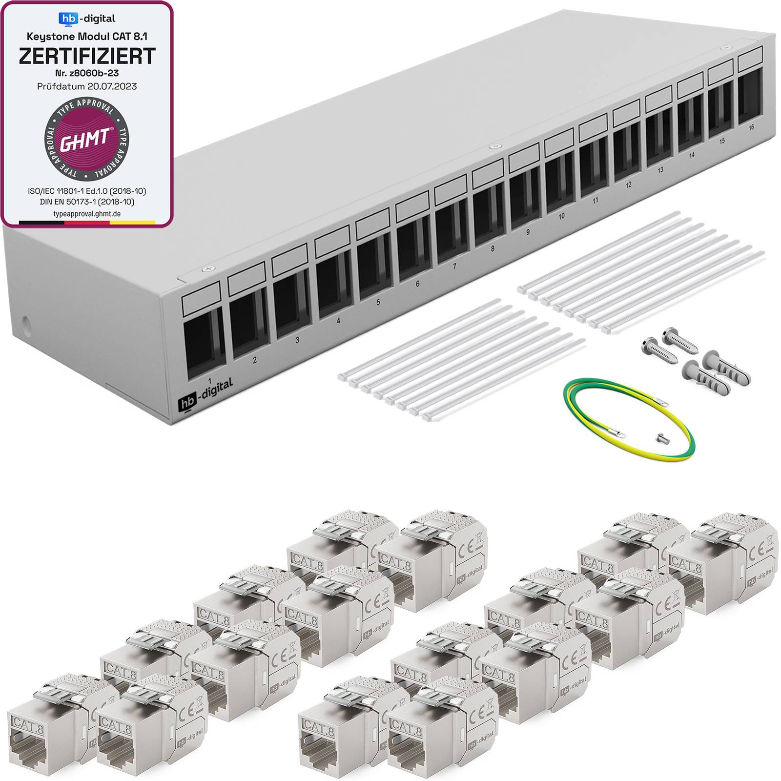 hb-digital Patch Panel 16 Port mit 16 x Keystone Module Cat 8 hellgrau