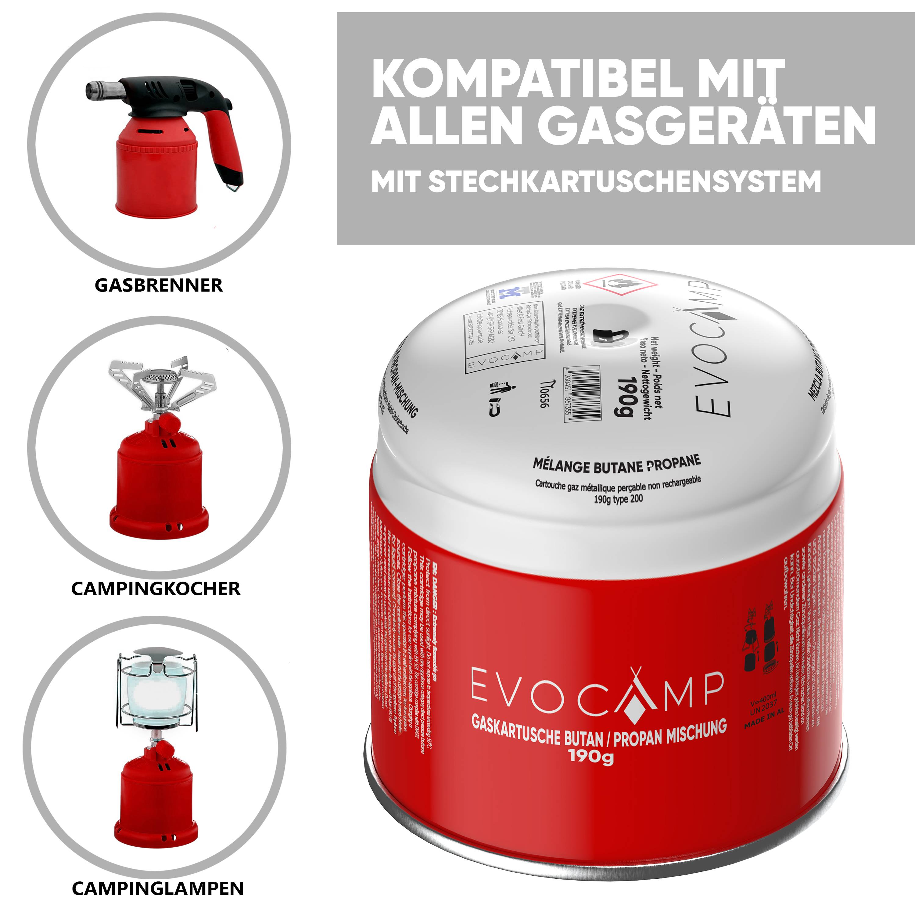 EVOCAMP 4x Propan Butan Gaskartusche 190g Stechgaskartusche für Campingkocher Gasbrenner mit Sicherheitsventil Typ 200 EN 417