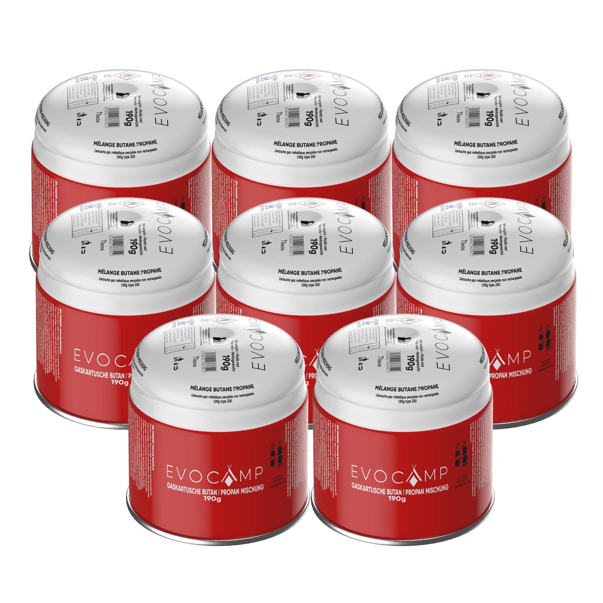 EVOCAMP 8x Propan Butan Gaskartusche 190g Stechgaskartusche für Campingkocher Gasbrenner mit Sicherheitsventil Typ 200 EN 417
