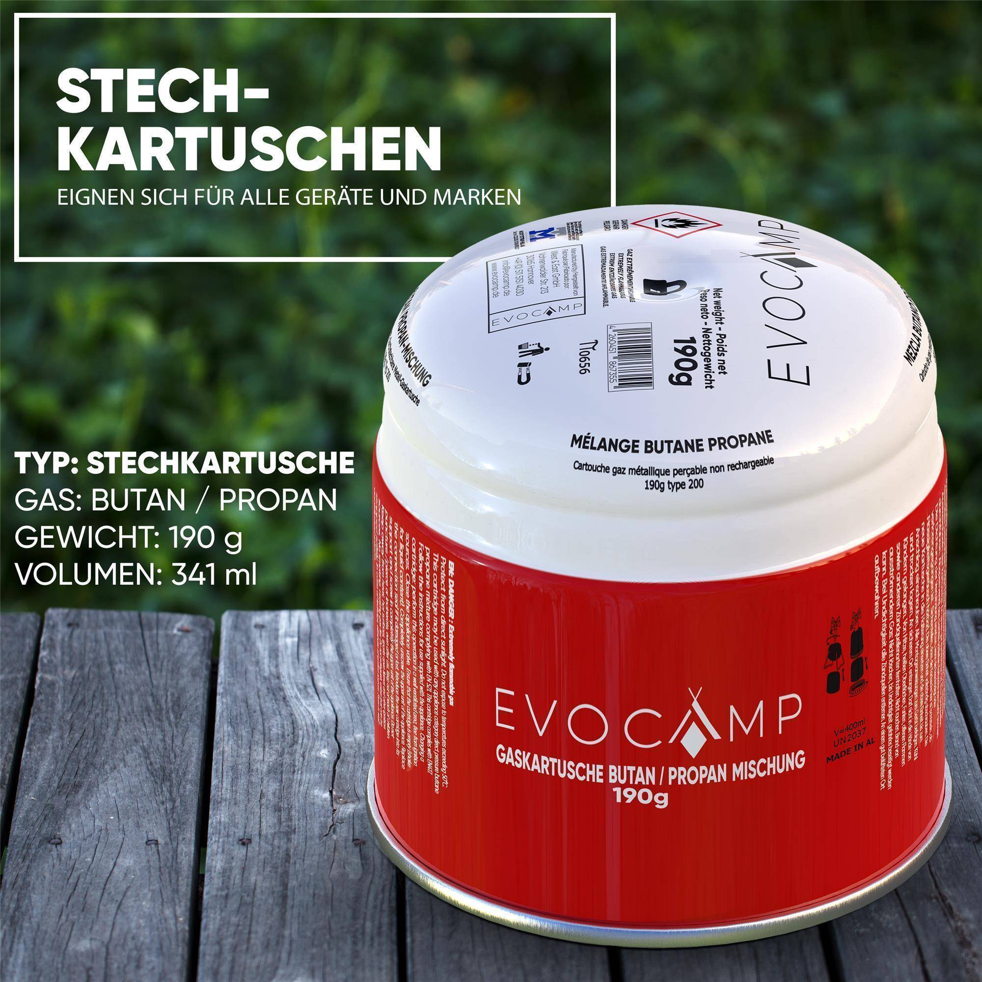 EVOCAMP 8x Propan Butan Gaskartusche 190g Stechgaskartusche für Campingkocher Gasbrenner mit Sicherheitsventil Typ 200 EN 417