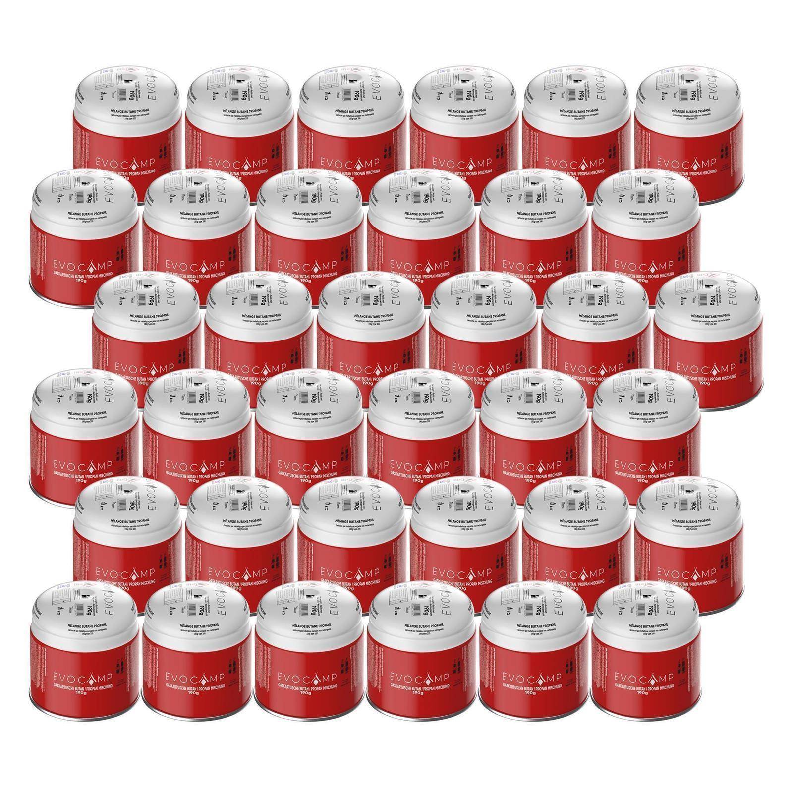 EVOCAMP 36x Propan Butan Gaskartusche 190g Stechgaskartusche für Campingkocher Gasbrenner mit Sicherheitsventil Typ 200 EN 417