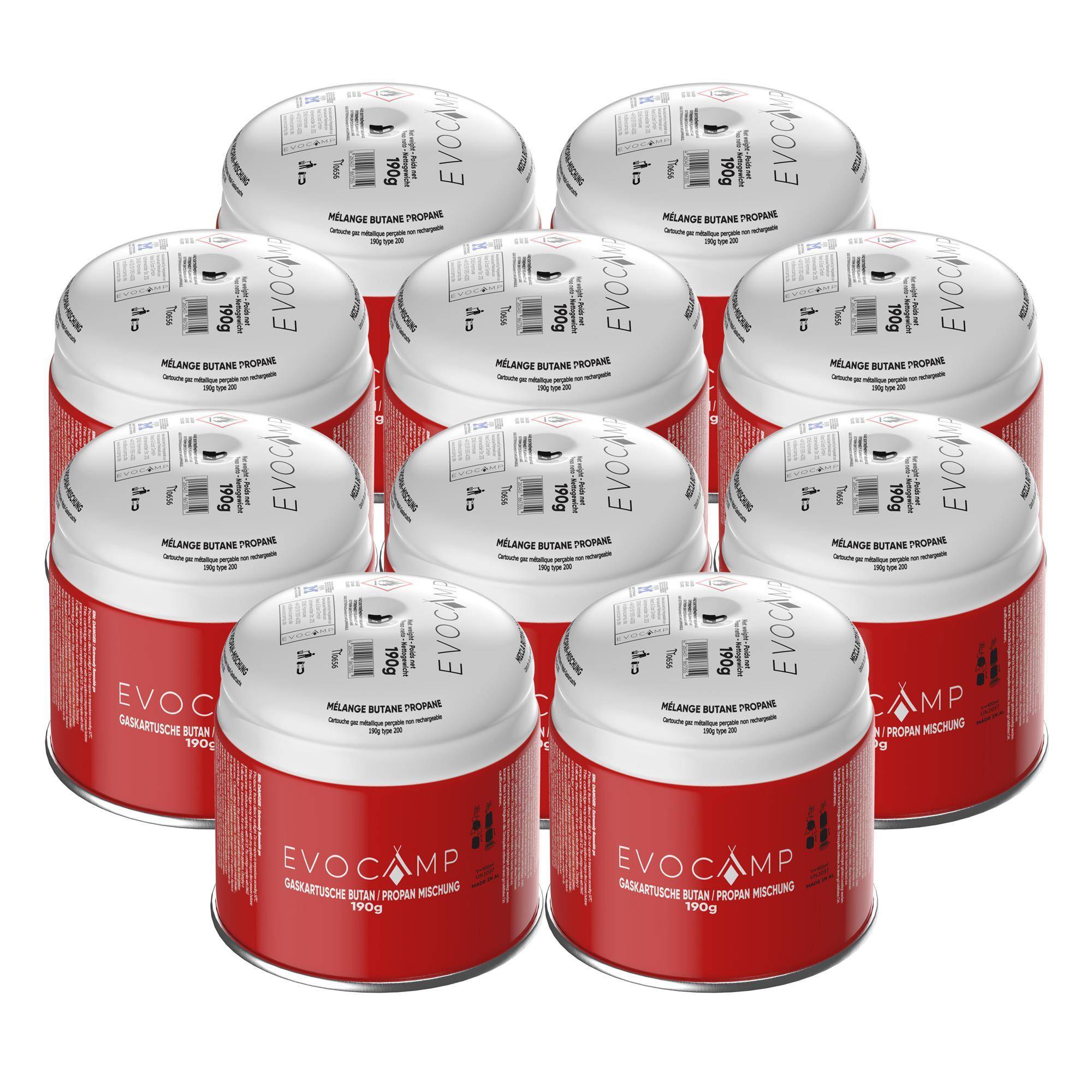EVOCAMP 10x Propan Butan Gaskartusche 190g Stechgaskartusche für Campingkocher Gasbrenner mit Sicherheitsventil Typ 200 EN 417