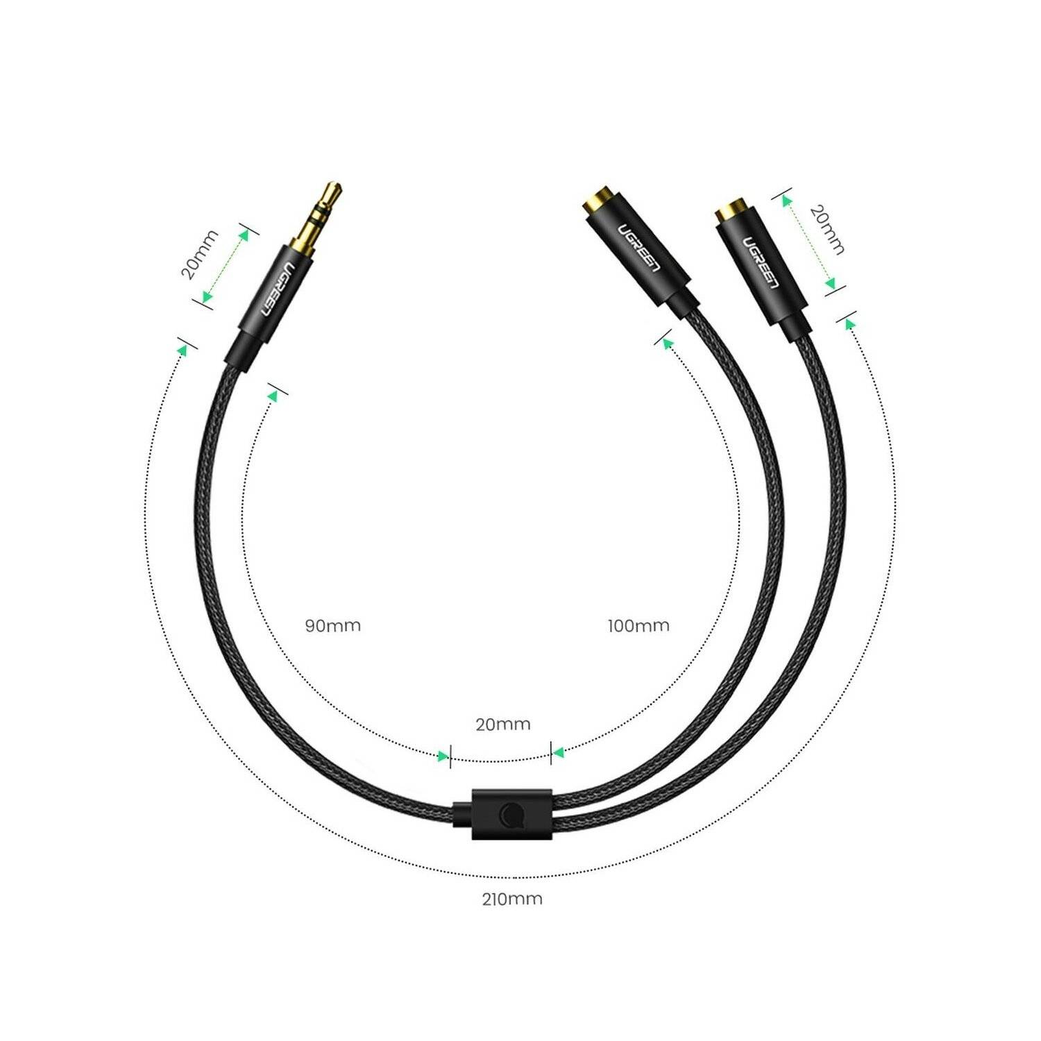 Ugreen AV123 Kopfhörerkabel 3,5 mm Miniklinke (männlich)  2x 3,5 mm Miniklinke (weiblich)  Schwarz