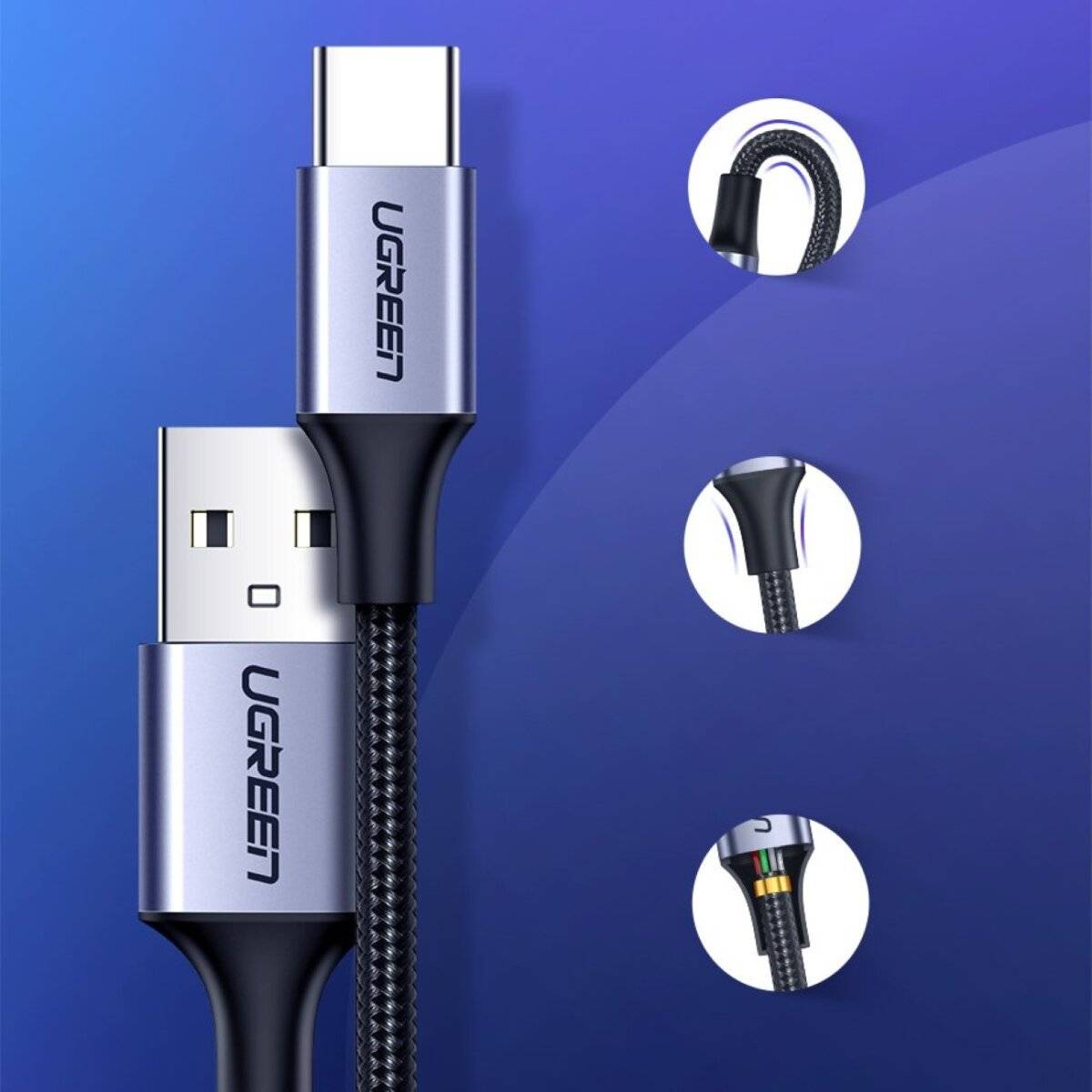 Ugreen US288 60128 USB-A / USB-C QC 3.0 3A 2m Kabel - Grau
