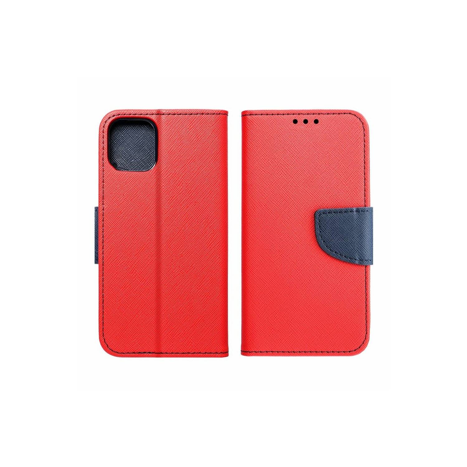 Buch Tasche "Fancy" kompatibel mit Motorola Moto G14 Handy Hülle Brieftasche mit Standfunktion, Kartenfach Rot-Blau