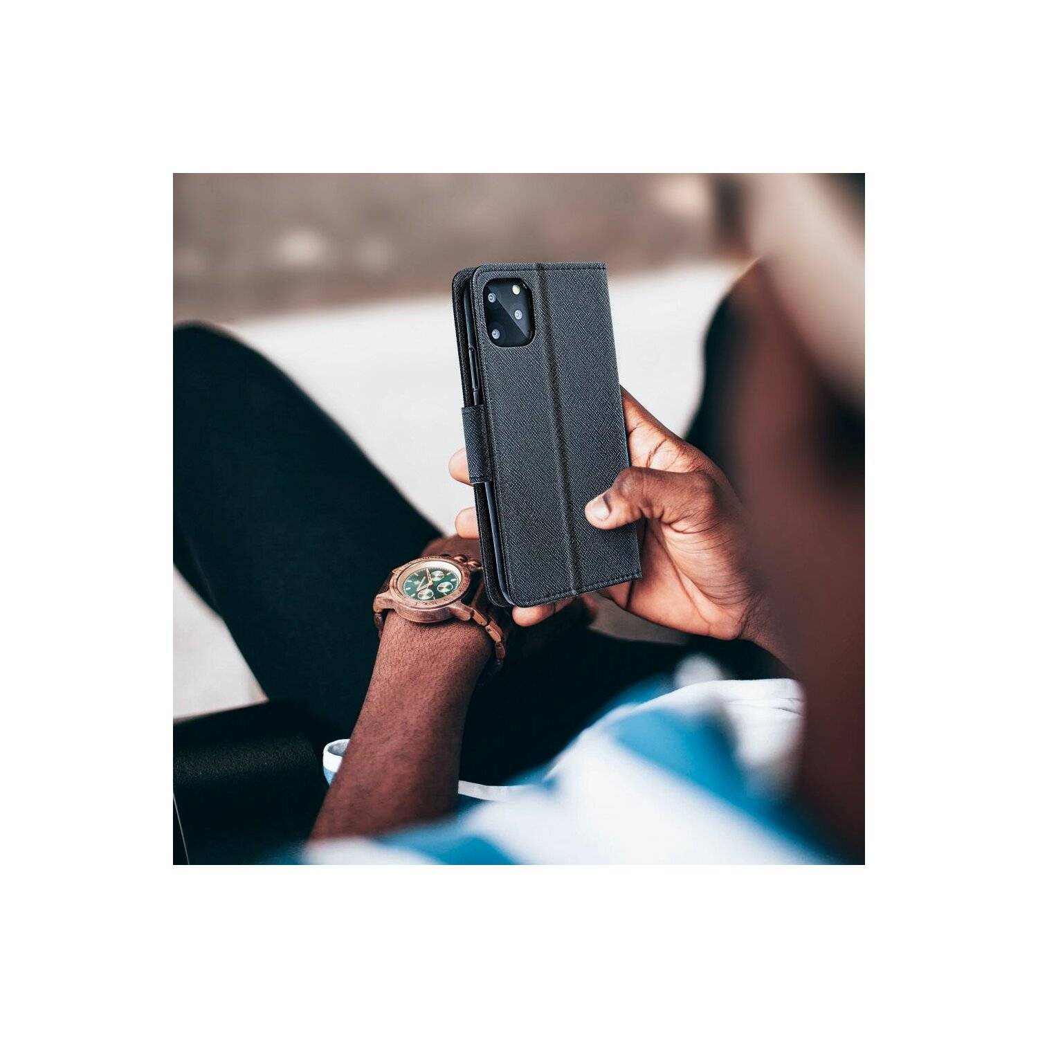 Buch Tasche "Fancy" kompatibel mit Realme C55 Handy Hülle Brieftasche mit Standfunktion, Kartenfach Schwarz