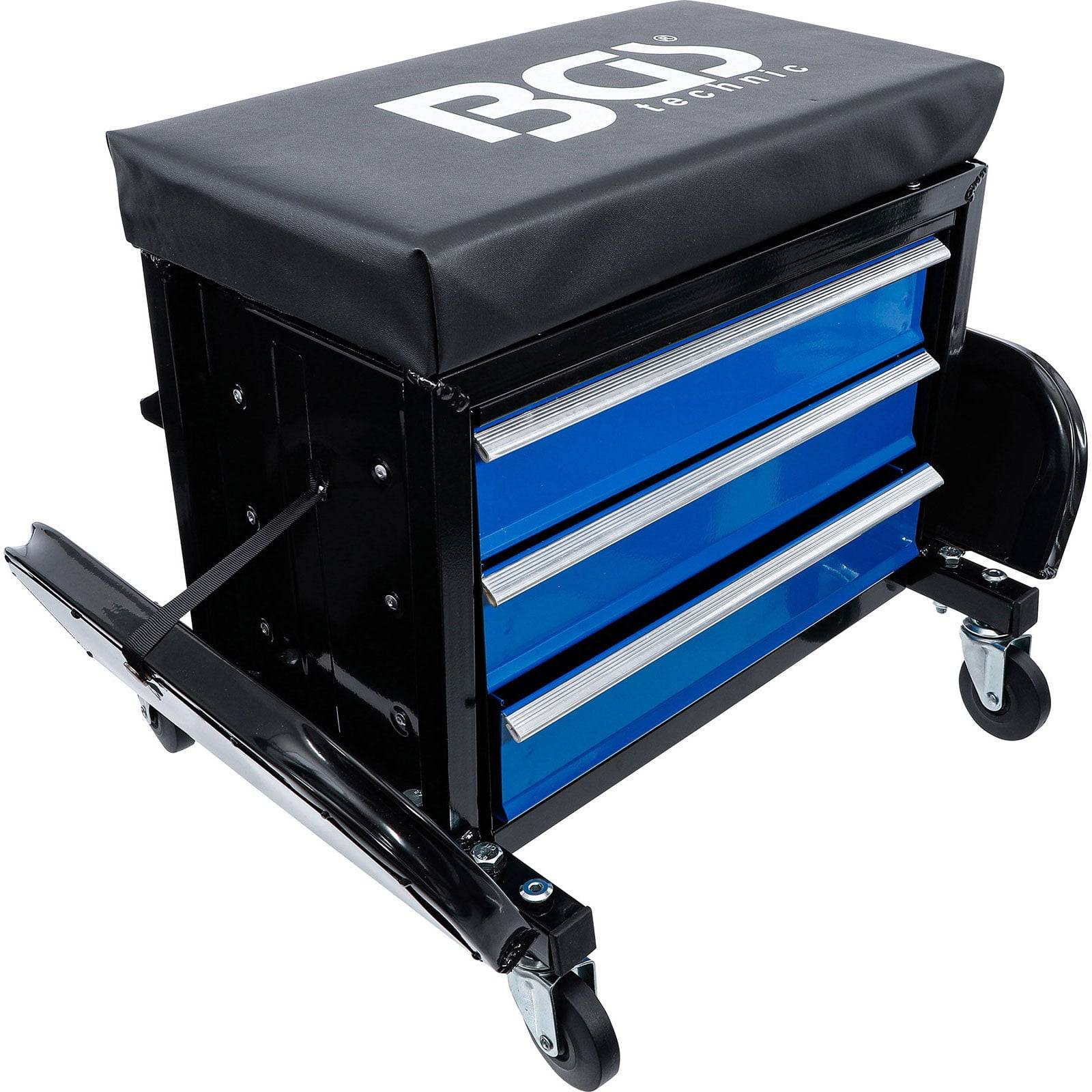 Werkzeugwagen mit schwarzem Polstertop und 'BCD Technic' Logo, ausgestattet mit drei blauen Schubladen auf Rollen für einfache Mobilität.