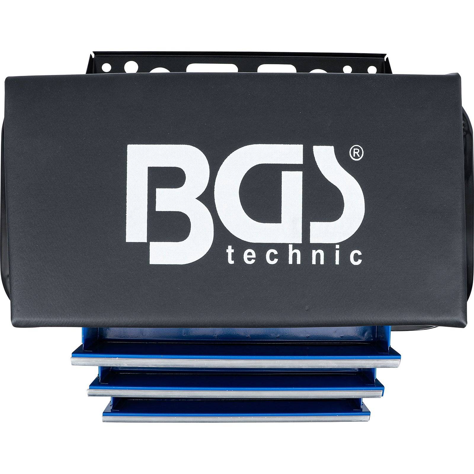 Logo ‚BGS technic' auf einem schwarzen Werkzeug-Aufbewahrungsprodukt mit blauen Regalen und einer gelochten Metallrückwand.