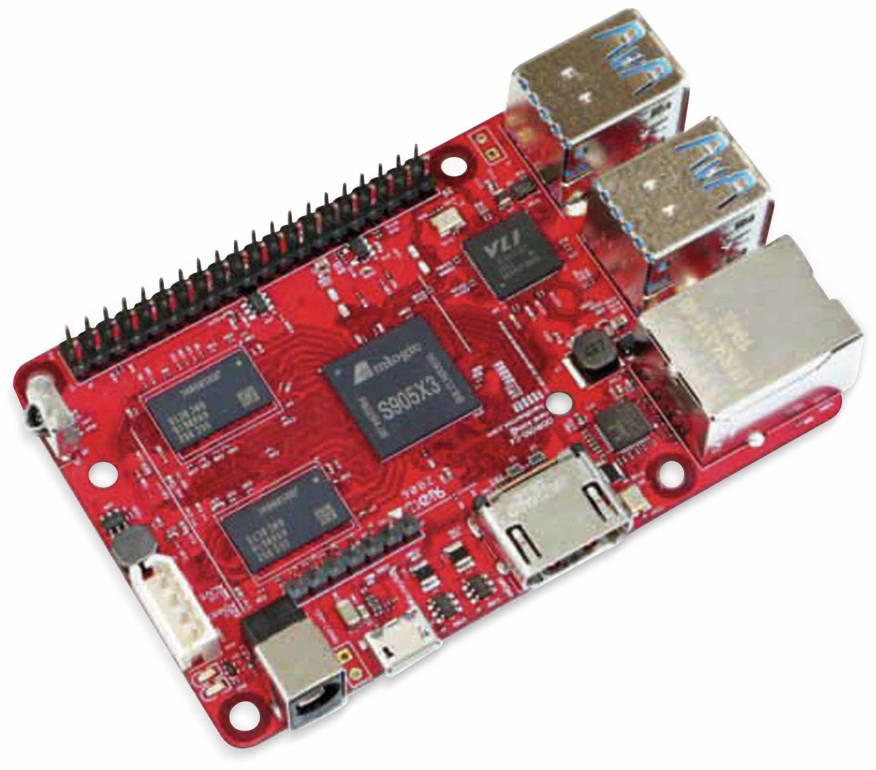 Eine rote Leiterplatte mit verschiedenen elektronischen Komponenten, einschließlich USB-Anschlüsse und einem Mikrochip mit der Bezeichnung 