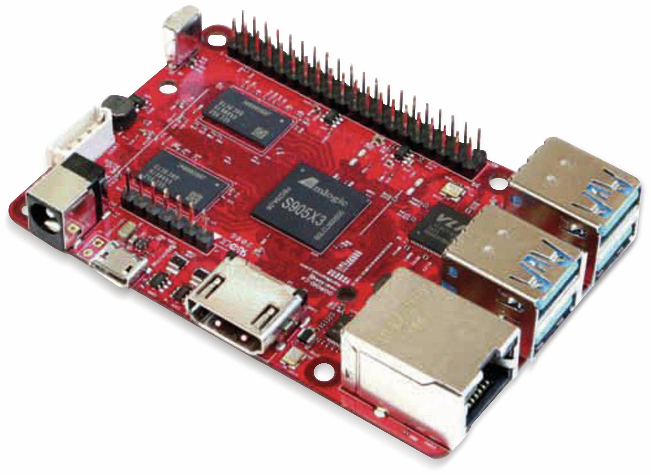 Eine rote Leiterplatte mit mehreren Anschlüssen, Verbindern und sichtbaren Mikrochips, einschließlich einer großen beschrifteten Komponente in der Mitte.