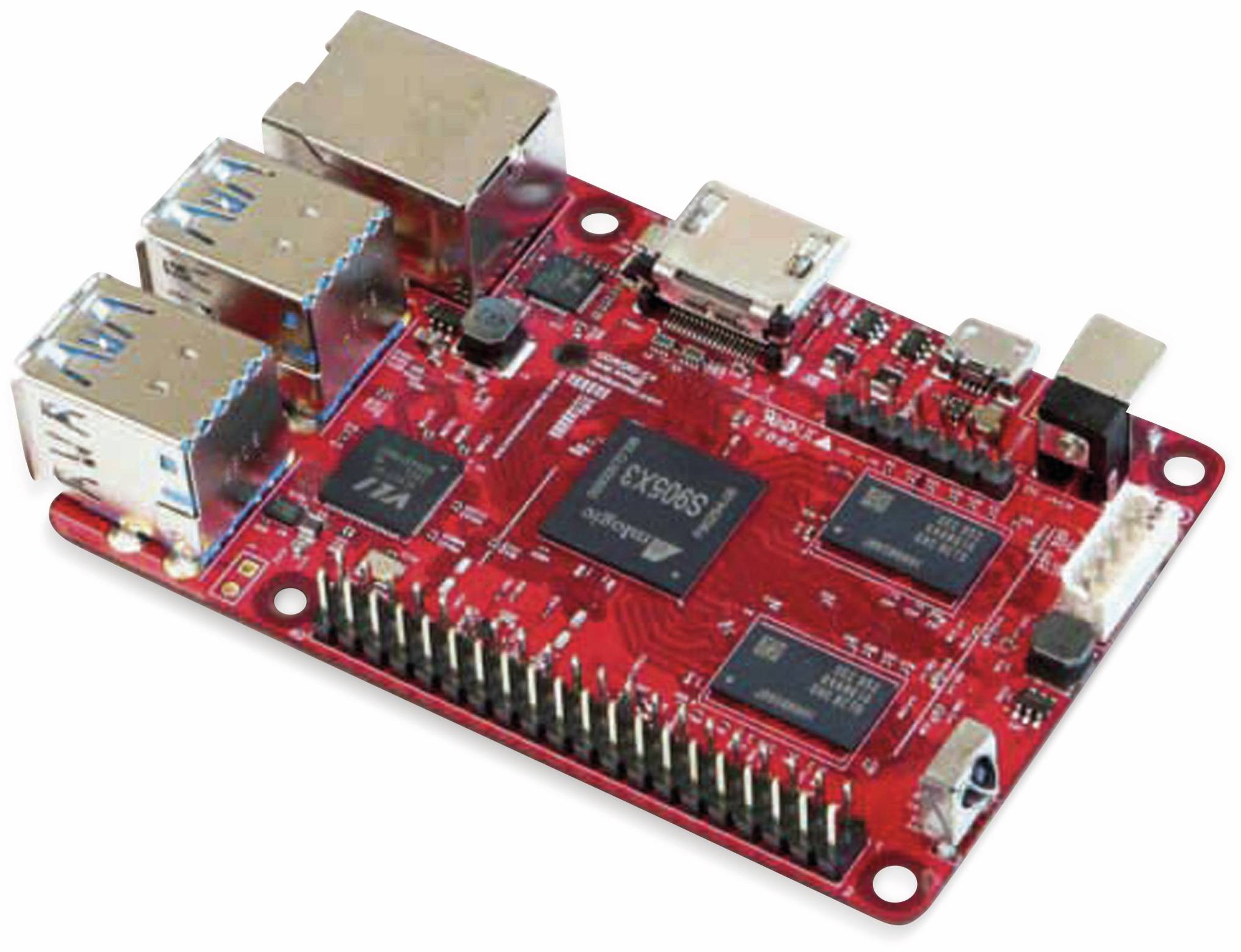 Eine rote Mikrocontroller-Platine mit mehreren USB-Anschlüssen, einem HDMI-Anschluss und verschiedenen anderen Anschlüssen für elektronische Projekte und Entwicklung.