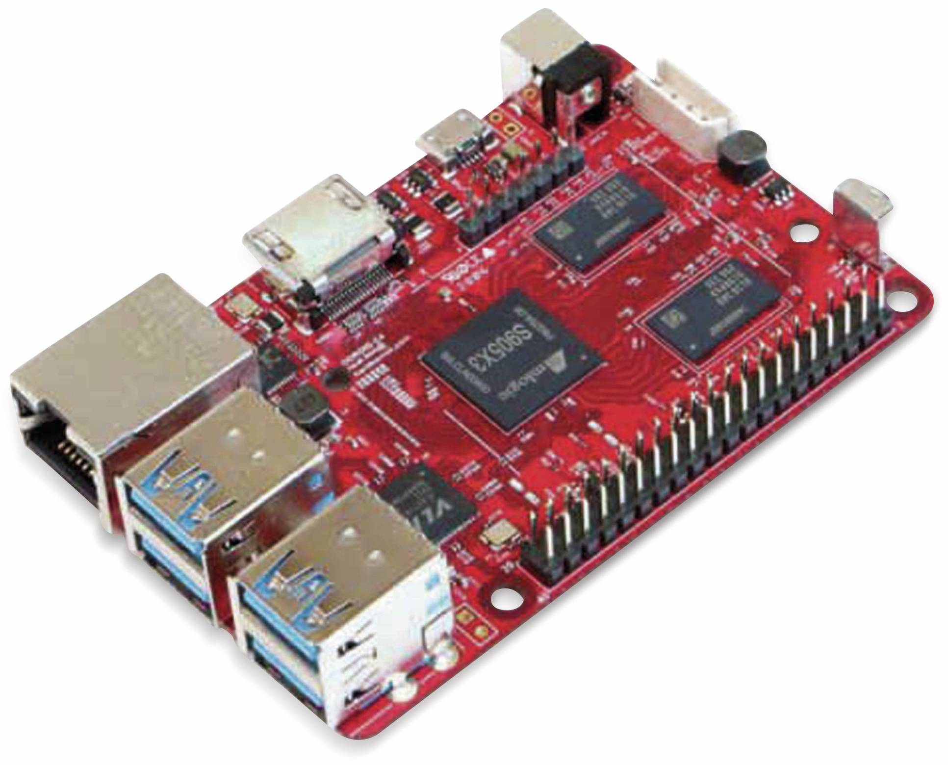 Ein rotes Schaltbrett mit mehreren USB-Anschlüssen, Ethernet-Anschluss und verschiedenen Mikrochips, das üblicherweise für kleine Computerprojekte verwendet wird.