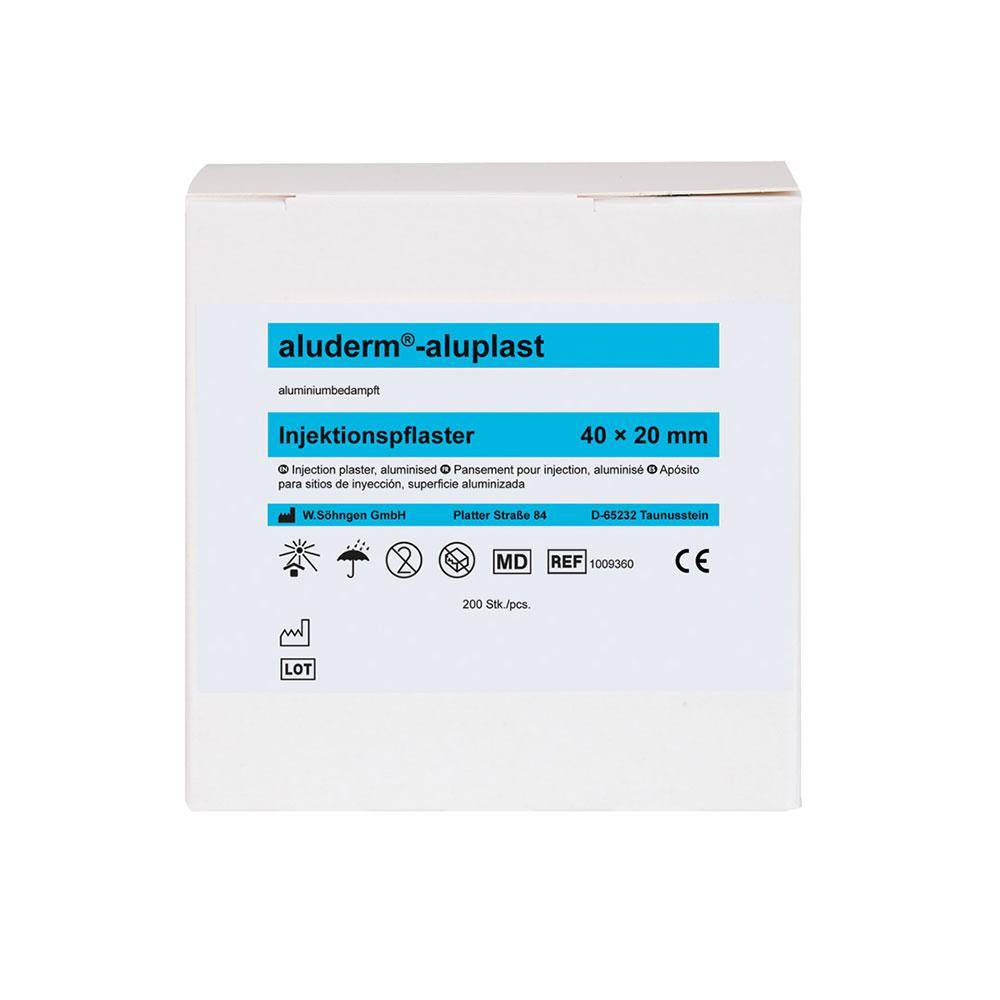 Schachtel mit Aluderm-Aluplast Injektionspflastern, 40 x 20 mm, mit der Aufschrift „200 St./pcs.