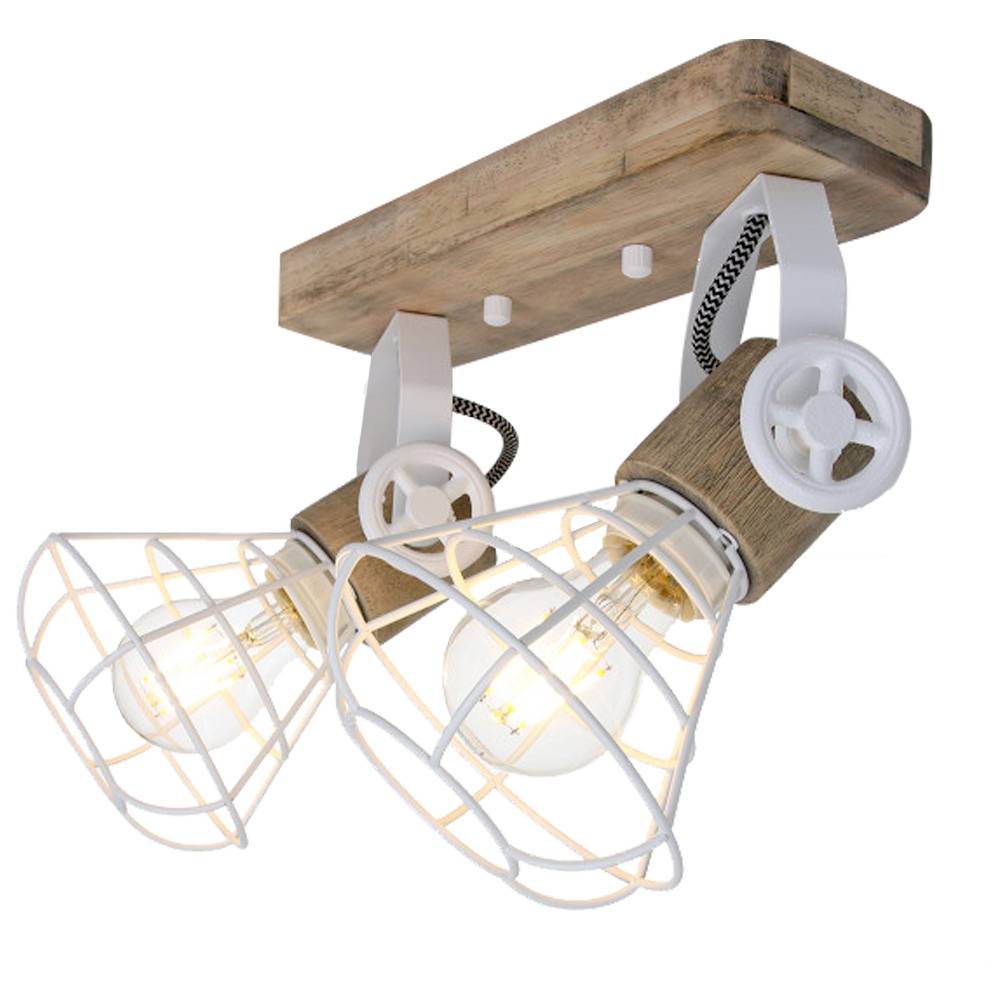 Deckenleuchte Holz Deckenlampe schwenkbar Wandleuchte Industriell, Metall weiß, 2x LED 7W 806Lm warmweiß, LxBxH 27x14x27 cm