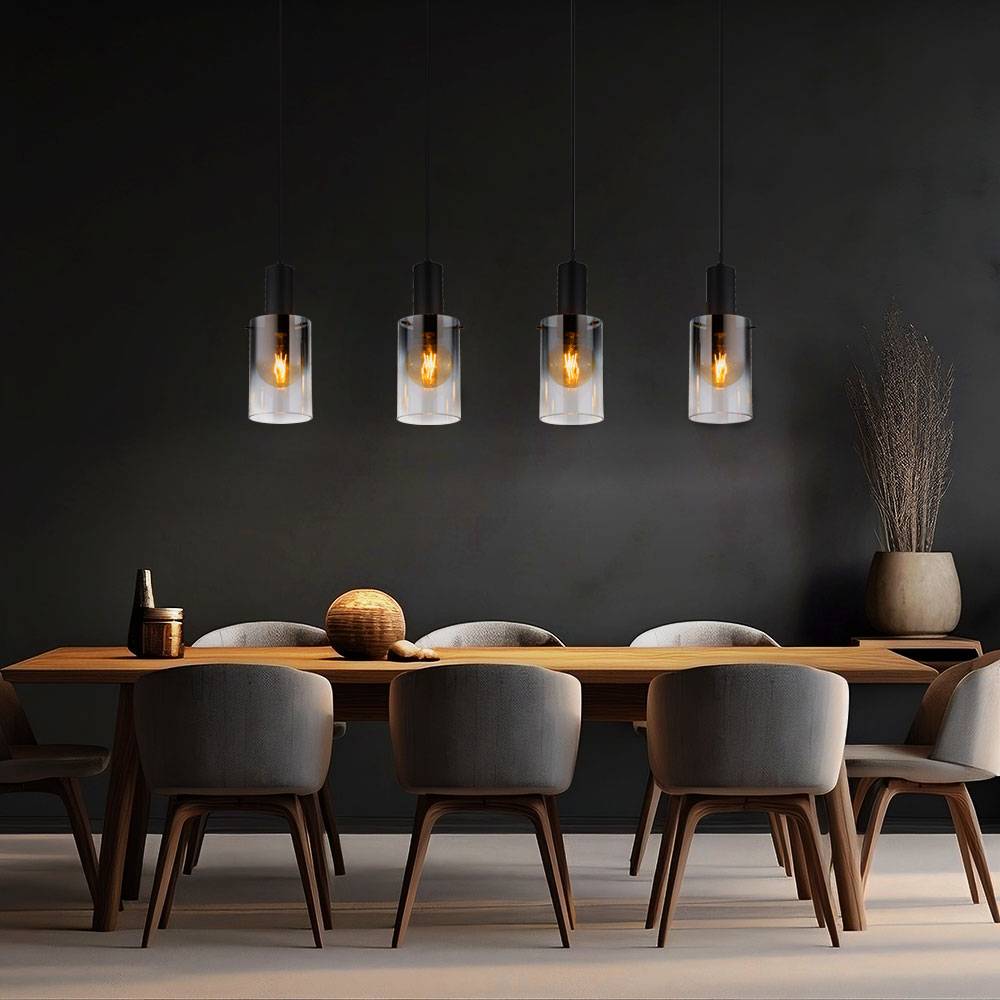 Pendellampe Pendelleuchte Esstischleuchte Wohnzimmerlampe Hängeleuchte Lampe, 4 Flammig Rauchglas Metall schwarz, E27 Fassungen, LxBxH