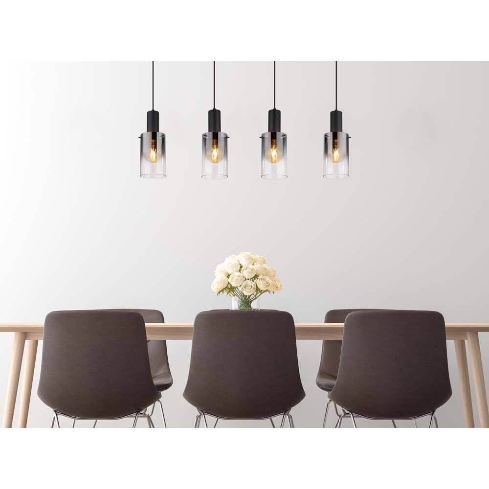 Pendellampe Pendelleuchte Esstischleuchte Wohnzimmerlampe Hängeleuchte Lampe, 4 Flammig Rauchglas Metall schwarz, E27 Fassungen, LxBxH