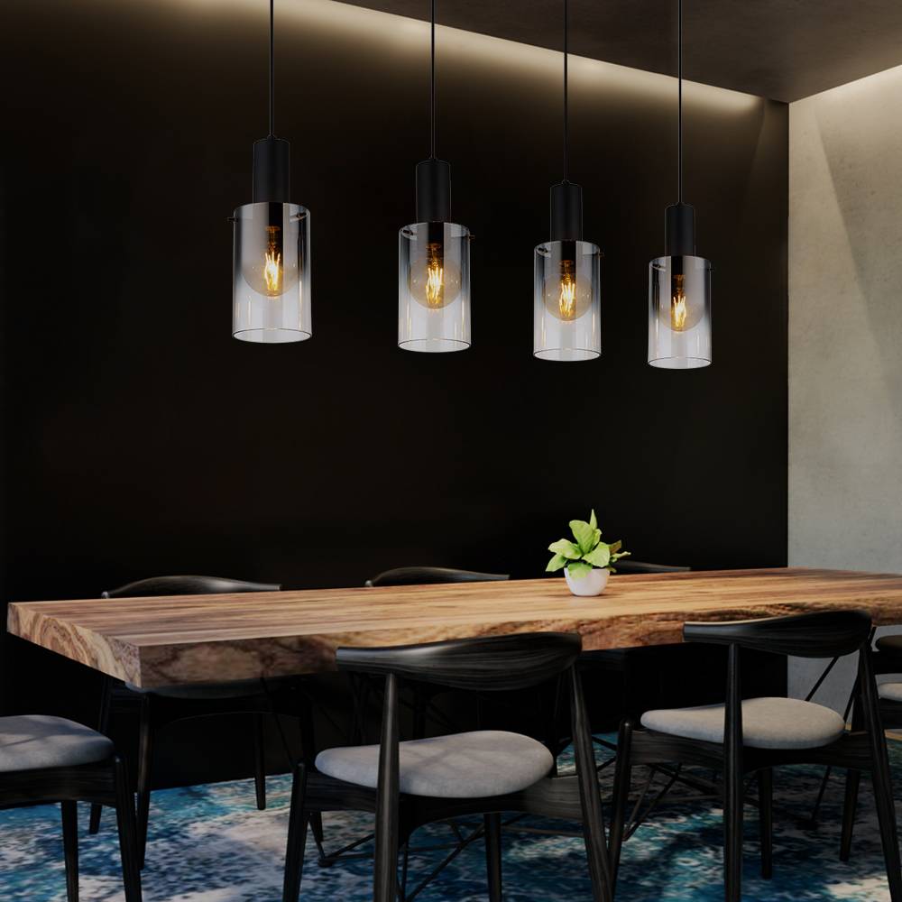 Pendellampe Pendelleuchte Esstischleuchte Wohnzimmerlampe Hängeleuchte Lampe, 4 Flammig Rauchglas Metall schwarz, E27 Fassungen, LxBxH