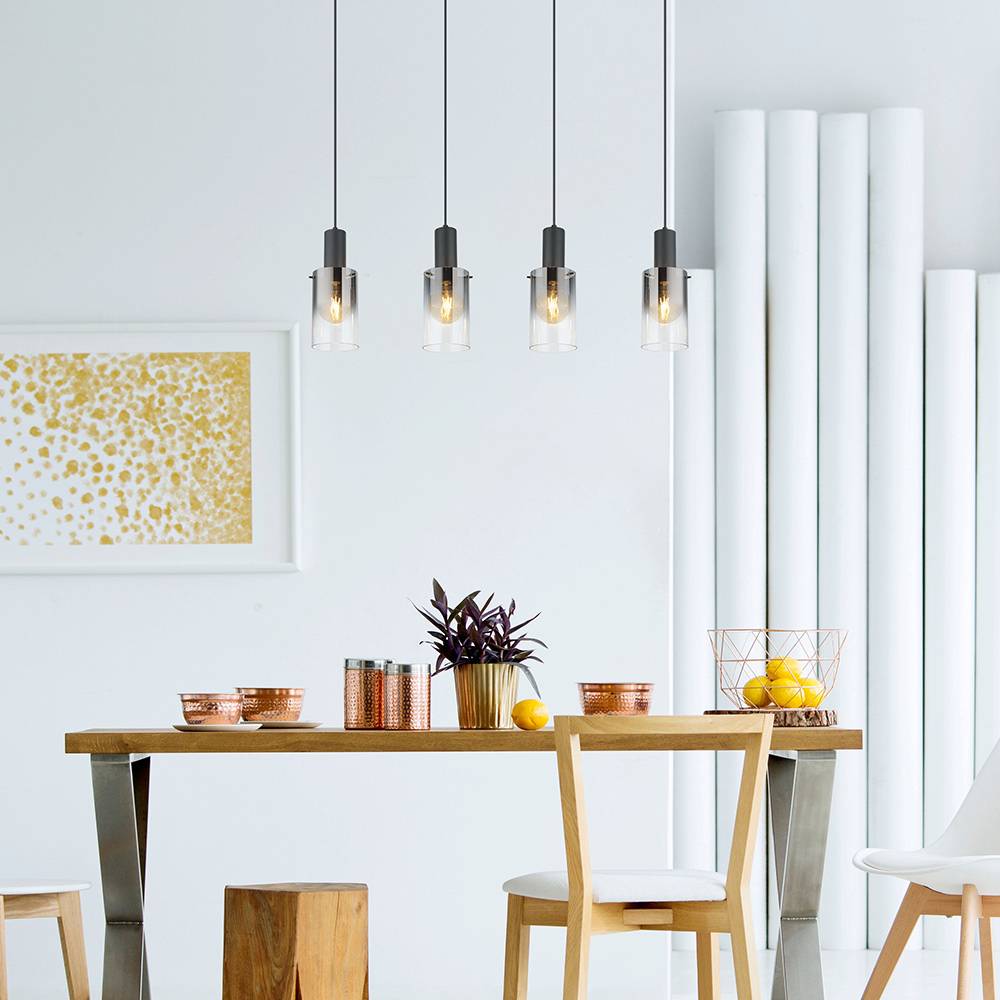 Pendellampe Pendelleuchte Esstischleuchte Wohnzimmerlampe Hängeleuchte Lampe, 4 Flammig Rauchglas Metall schwarz, E27 Fassungen, LxBxH