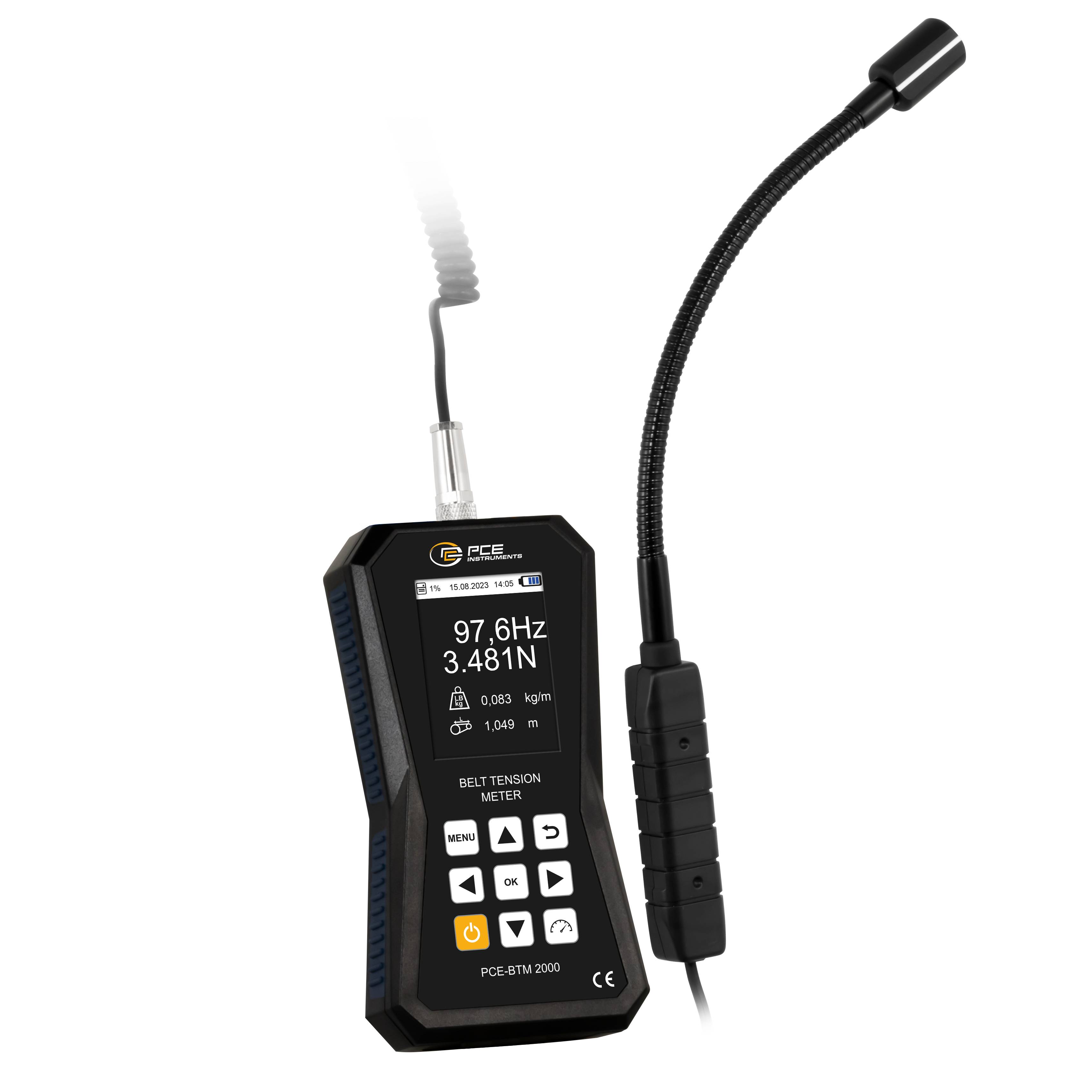 PCE Instruments Riemenspannungsmessgerät PCE-BTM 2000L Messung in Hz & N |Schwanenhals-Sensor 25cm |Speicher |Software