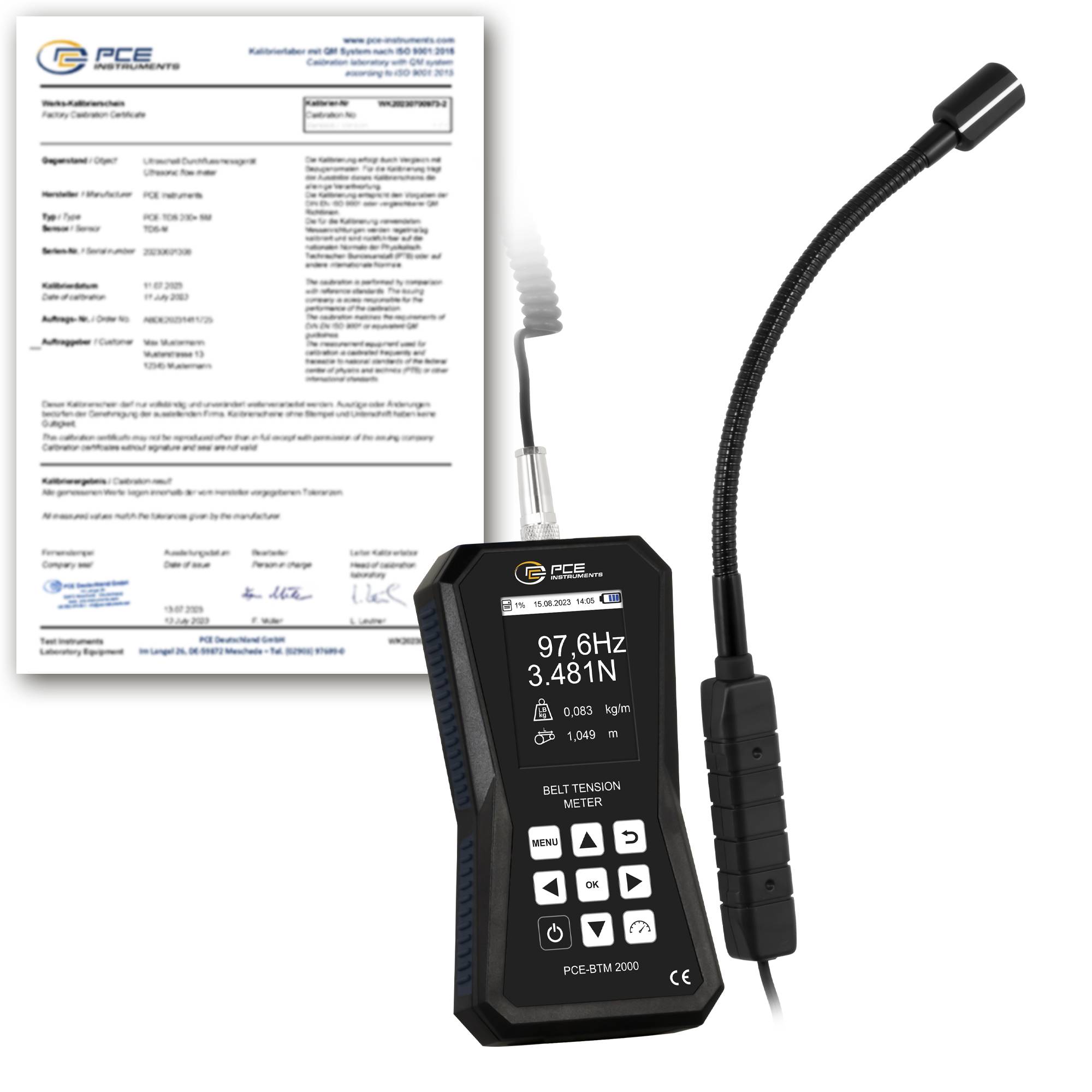 PCE Instruments Riemenspannungsmessgerät PCE-BTM 2000L-ICA inkl. ISO-Zertifikat |Messung in Hz&N |Speicher |Software