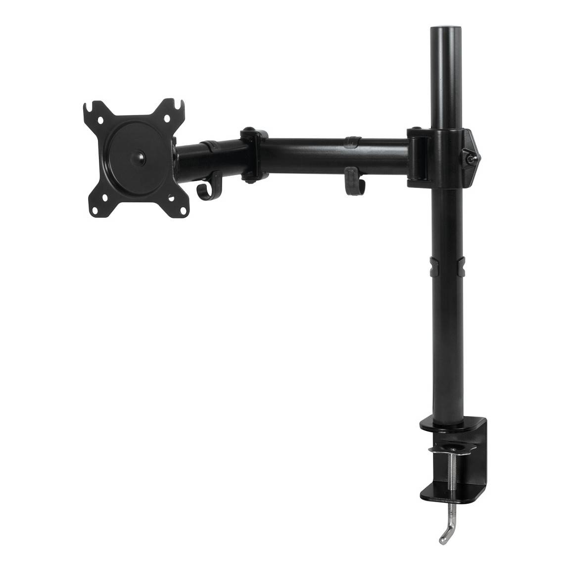 Eine schwarze verstellbare Monitorarmhalterung mit Klemmfuß, ausgestattet mit einer VESA-kompatiblen Platte am Ende zur Befestigung eines Bildschirms.