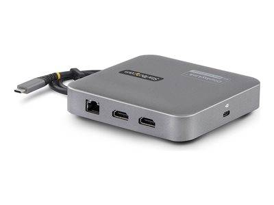 Eine kleine, rechteckige elektronische Dockingstation mit mehreren Anschlüssen, einschließlich Ethernet und USB-C, entwickelt für Konnektivität und Erweiterungsmöglichkeiten.