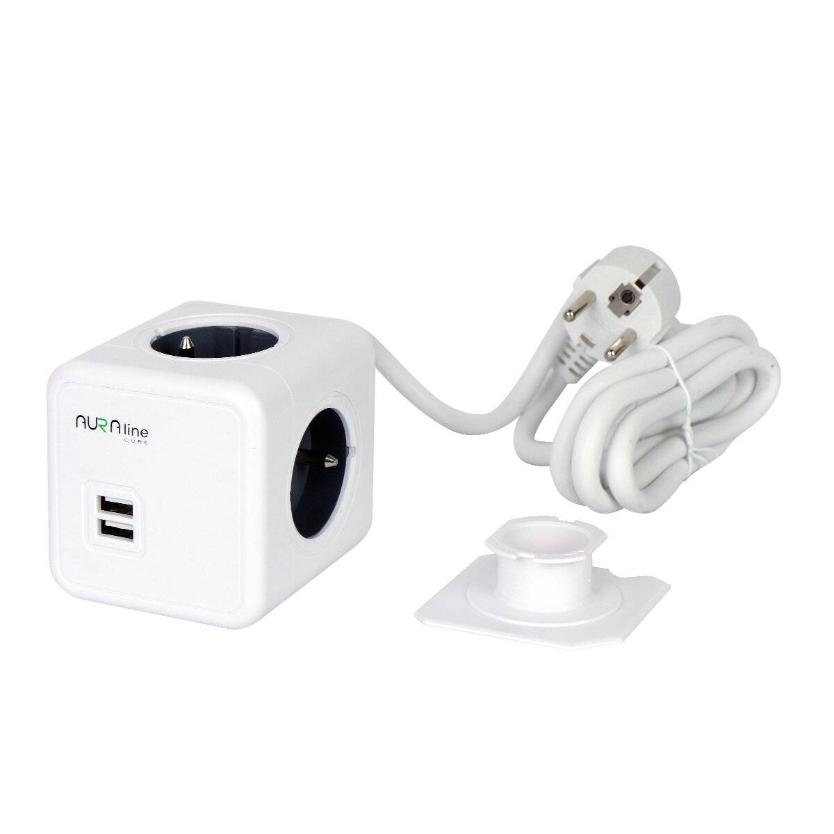 AURA line CUBE Adapter 4-fach Steckdose mit 2 USB-Anschlüssen & 1,5m Kabel