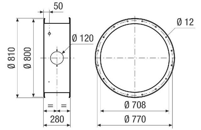 Technische Zeichnung mit Abmessungen eines zylindrischen Objekts: Durchmesser 708 mm, Tiefe 50 mm, mit 280 mm Abstand und 120 mm Bohrung.