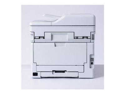 Ein weißer Multifunktionsdrucker vor einem einfarbigen Hintergrund.