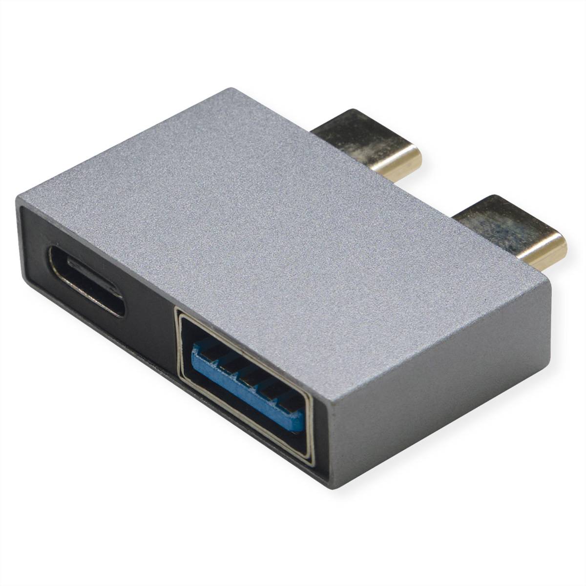 USB-C zu USB-A Adapter mit zwei männlichen USB-Anschlüssen und einem weiblichen USB-C und einem weiblichen USB-A-Anschluss