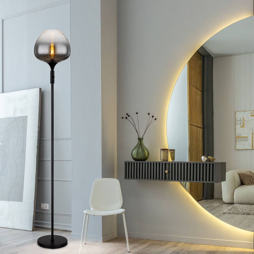 Stehlampe Stehleuchte Beistelllampe Standleuchte Wohnzimmerlampe, Metall schwarz Glas Rauchfarben, 1x E27 Fassung, DxH 29x165cm