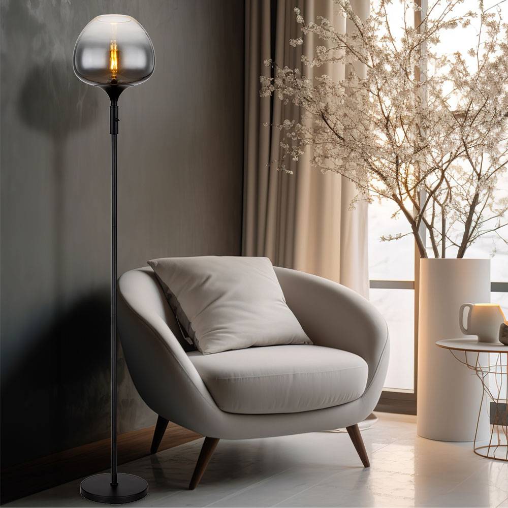 Stehlampe Stehleuchte Beistelllampe Standleuchte Wohnzimmerlampe, Metall schwarz Glas Rauchfarben, 1x E27 Fassung, DxH 29x165cm